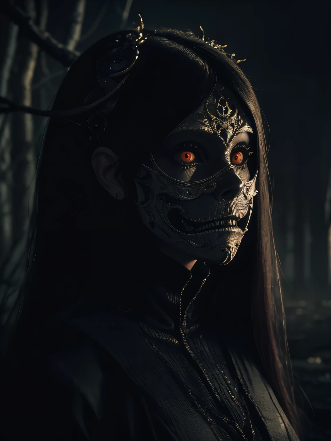 Woman with a mask in profile、He tilts his head and stares at you, Best Quality, hight resolution, (creepy detailed eyes:1.6), extra monstruous detailed face, Perfect Lighting, sujo no meio de uma floresta densa durante a noite, retrato, Dark scenario, estilo horror, pesadelo, cena macabra, filme de terror, personagem com medo, floresta retorcida e sobrenatural, personagem sujo de sangue, noite sem lua, desolate and destroyed place, apocalipse