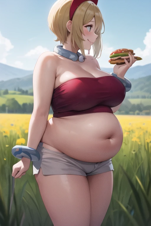 masterpiece, best quality, highres, aairida, short hair, red hairband, neck ring, collar, strapless shirt, red shirt, bracelet, white shorts, bare legs, standing, cowboy shot, outdoors, field, eating burger, smile, chubby potbelly, huge belly, giant belly, bloated belly, belly rolls, belly fat, belly hang, overweight, obese, fat, chubby, plump, side profile, exposed navel 