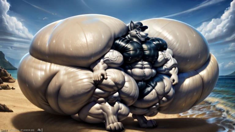 4k, high resolution, best quality, perfect lightning, perfect, solo, anthro, young, boy,white wolf:2.0, furry body, (fluffy mane:1.2), fluffy tail, male, adult, (bulky2:0, thick muscles2:0, huge muscles:2.0, hyper muscles:2.0), (thick biceps, veiny biceps, broad shoulders:2.0), (thick legs, thick calves:1.1), (digitigrade legs, 4 toes:1.2), perfect colors, (photorealistic fur, detailed fur, epic, masterpiece), (suggestive posing:1.2), (seductive smile, lustful grin 1.3), detailed beach,detailed wolf eyes:2.0, by k0suna, by darkgem,nipple ring,hyper arms:2.0,veins,white body,white fur,hyper butt:2.0,hyper paws:2.0,standing,thick legs,thick butts:2.0,sweat body:2.0,massive butt:2.0,black hat,hyper ass:2.0,huge ass,long legs,juicy butt:2.0