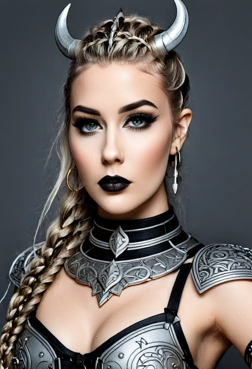 You have a mission!! task (((The most beautiful viking in a perfectly tailored outfit in a given situation))), (give the solution!!), (((one rule is the golden ratio and white balance))), ((always draw hands and fingers correctly, correct them if you make a mistake)), Hyper realistic photo Realism CG 8K Scandinavian tattooed viking girl, hyper realistic detailed Perfect face, thin curved platinum blonde eyebrows, black eyeliner,long luscious eyelashes, black eye shadow, curved lips, matte lipstick, long messy viking braids, real viking armor, large voluptuous body, full body view,
