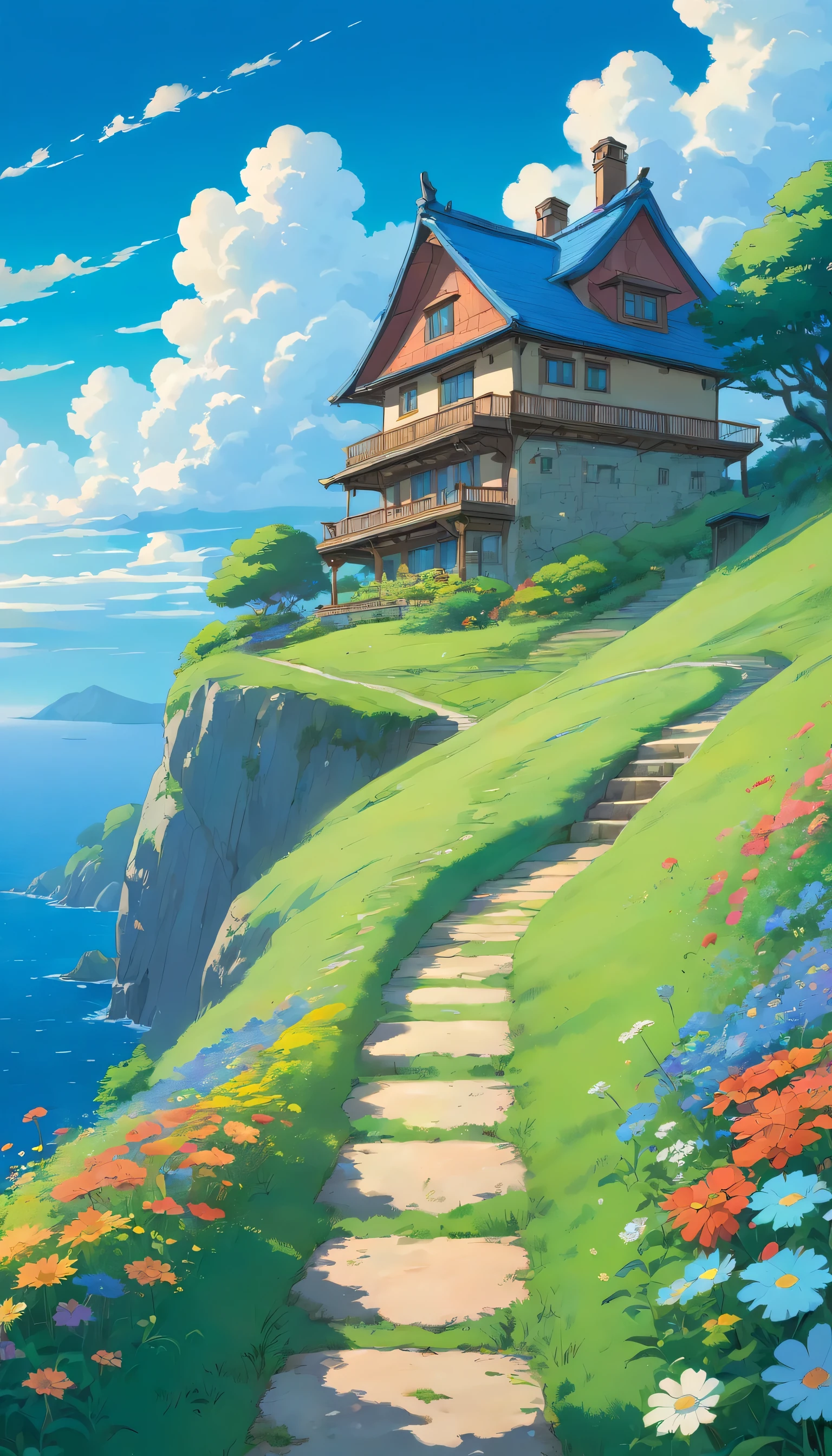 Blue house with a blue roof in the edge of cliff of green grass filled with wild flowers, evening sky and white clouds and well laid path