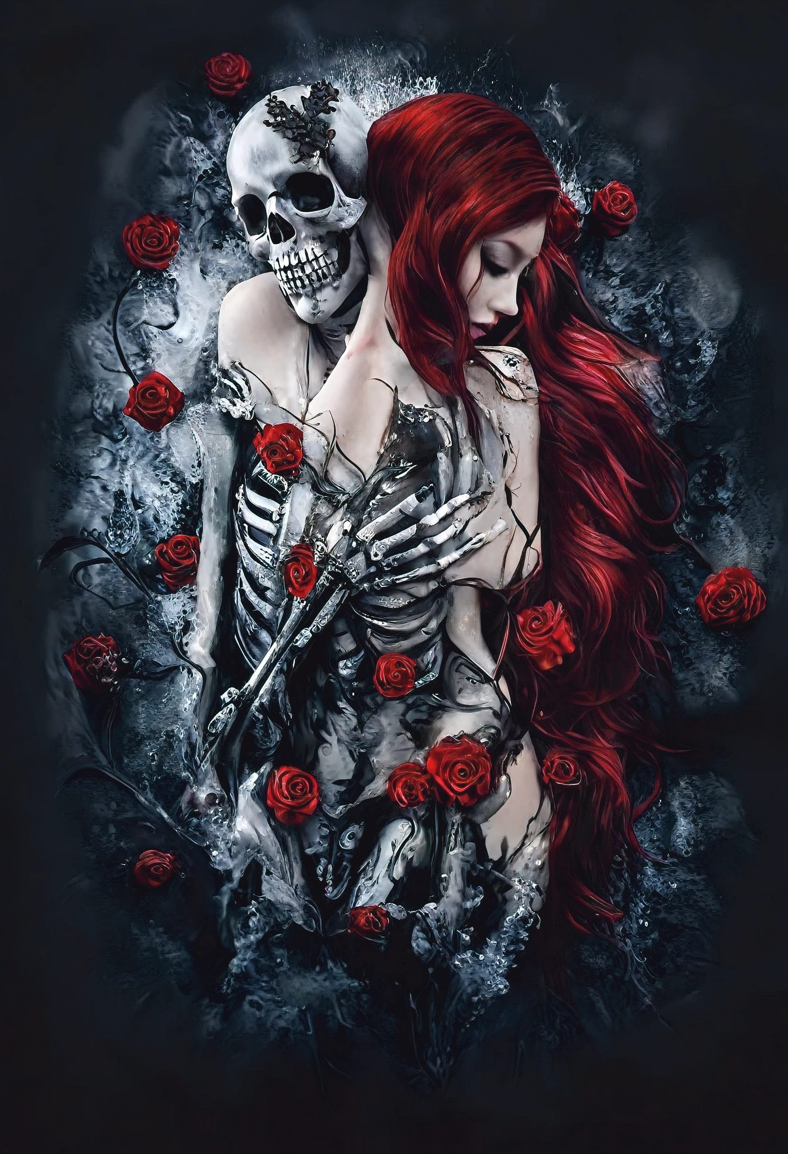 Beautiful red haired gothic nude female holding skeleton very detailed , wet glossy skinbeautiful face, perfect lips, perfect body shapes