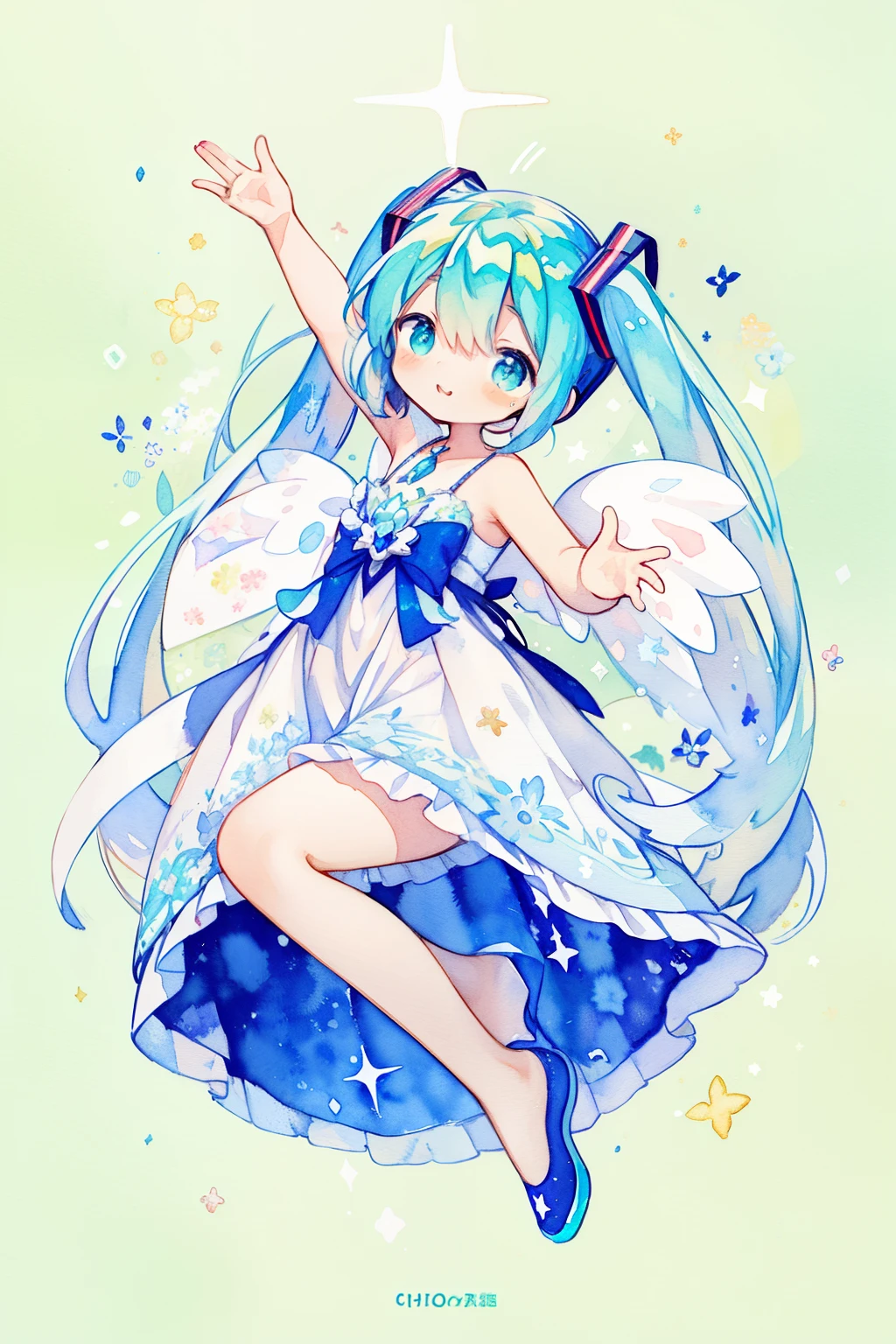 ((miku hatsune:1.8))、(big fairy wings made of lace:1.3)、(Fairy girl surrounded by Herelis flowers 、Beautiful feathers that sparkle on the back、The background is a world in a sparkling picture book、A smile)、1girl in、(PastelColors:1.2)、(Cute illustration:1.2)、(watercolor paiting:1.2)、Pale green background、jumpping、frombelow、Waving