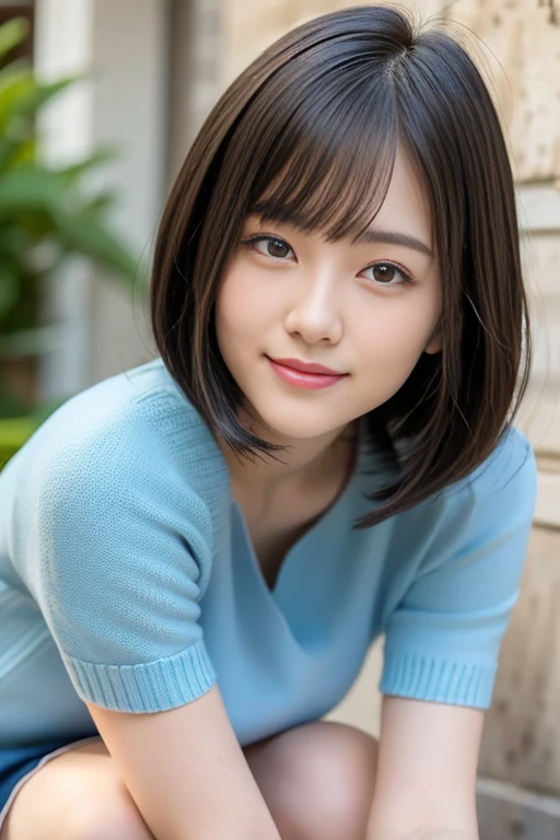 (highest quality:1.5)、(Realistic:1.5)、(1 person:1.5)、whole body、Very detailed、High resolution、8k wallpaper、blouse、sweater、Small breasts、Natural color lips、Cute smile、Japanese women、20 year old girl、Thin eyebrows、Beautiful and elegant face、cute顔、cute目、Big eyes、Fair skin、Beautiful and elegant face、Natural Bangs、Beautiful and thin nose、Beautiful Skin、Medium Bob Hair、Short Hair、Natural Bangs、Perfect and beautiful face、Slim face and figure、(Looking at the camera with a cute expression)、(Bright lighting)、Professional Lighting、 (Lighting from the front)、Natural smile、cute、Simple Background、simple wall、Outdoor、Pleated mini skirt、Knee-high socks、Beautiful thighs、