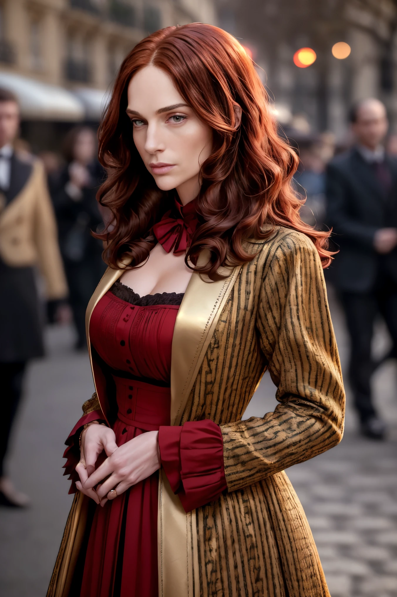 a photo of jnmt, a woman, mature woman, adult woman, 36 years old, black long wavy hair, red hair, ginger hair, frontal,close-up,8k,uhd,dslr,golden hour, as a french woman, designer clothes, fancy clothes, expensive clothes, in paris streets, serious expression