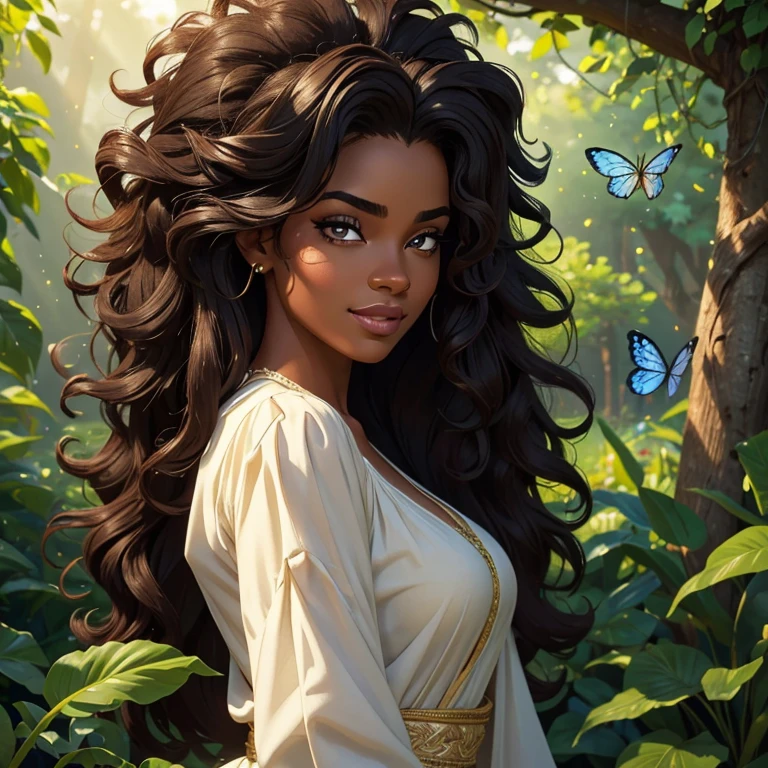(best quality,highres,masterpiece:1.2),ultra-detailed,realistic,garota do cabelo cacheado,andulado,beautiful detailed eyes,beautiful detailed lips,extremely detailed face,longeyelashes,blusa preta,beautiful girl,curly hair,curly hair like a lion's mane,curly hair like a wild wave,natural black hair,gorgeous black girl,natural beauty,feminine,charming,confident pose,black beauty,deep gaze,intense look,enslaving smile,proud and elegant,fashionable outfit,stylish,with a touch of mystery,a garden filled with vibrant flowers,vivid colors,lush greenery,serene atmosphere,butterflies fluttering around,magical sunlight filtering through the trees,soft and warm lighting,ethereal and dreamlike,dimly lit ambience.