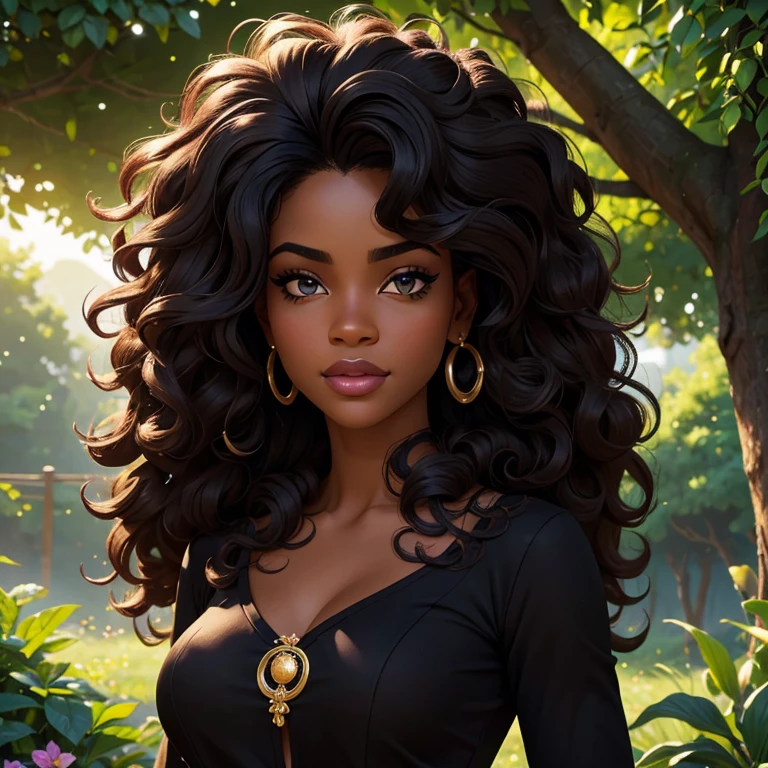 (best quality,highres,masterpiece:1.2),ultra-detailed,realistic,garota do cabelo cacheado,andulado,beautiful detailed eyes,beautiful detailed lips,extremely detailed face,longeyelashes,blusa preta,beautiful girl,curly hair,curly hair like a lion's mane,curly hair like a wild wave,natural black hair,gorgeous black girl,natural beauty,feminine,charming,confident pose,black beauty,deep gaze,intense look,enslaving smile,proud and elegant,fashionable outfit,stylish,with a touch of mystery,a garden filled with vibrant flowers,vivid colors,lush greenery,serene atmosphere,butterflies fluttering around,magical sunlight filtering through the trees,soft and warm lighting,ethereal and dreamlike,dimly lit ambience.