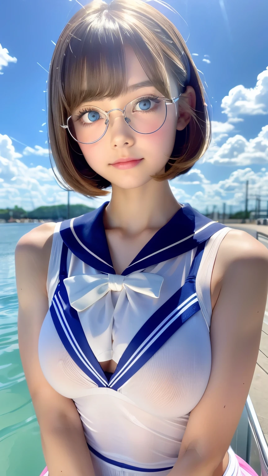 highest quality, RAW Photos, Realistic, face, Incredibly beautiful girl, cute, length Hair,ponytail，Glasses，Written boundary depth, High resolution, Super detailed, detailed, Very detaileded, extremely detaileded eye and face, Sharp pupils, Realistic students, Sharp focus, Cinema Lighting, Japanese, Short Woman,  Physical build, Short arms, length, Narrow eyes, Fleeting atmosphere, 30 years old, Brown bob hair, ((thin lips)), White top and bottom underwear, masterpiece, highest quality, Detailed skin, Detailed face, fine grain, 8k, Excellent anatomy, Upper body portrait，flat breasts, small breasts, small,( small bust: 1.2), small bust, (slim, small, flat, small), thin, Delicate and sexy collarbone, One Girl, (beautiful girl, Delicate girl:1.3), ( years old:1.3),
break, (One Piece Swimwear, Swimwear:1.2),
break, (Pool:1.3),
break, Very beautiful eyes, (Symmetrical eyes:1.3),
break, , Brown eyes, Parted bangs, Brown Hair, (Upper teeth, The best smile:0.2),
break, (Eyes and face detail:1.0),
break, (masterpiece, highest quality, Super detailed, Detailed face, 8k)