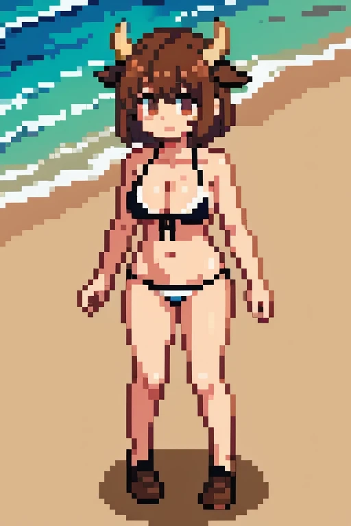 Cow girl, 1 girl, full body, short, brown hair, horns on head, ultrasharp, 8K, masterpiece, one tale, bikini, at beach