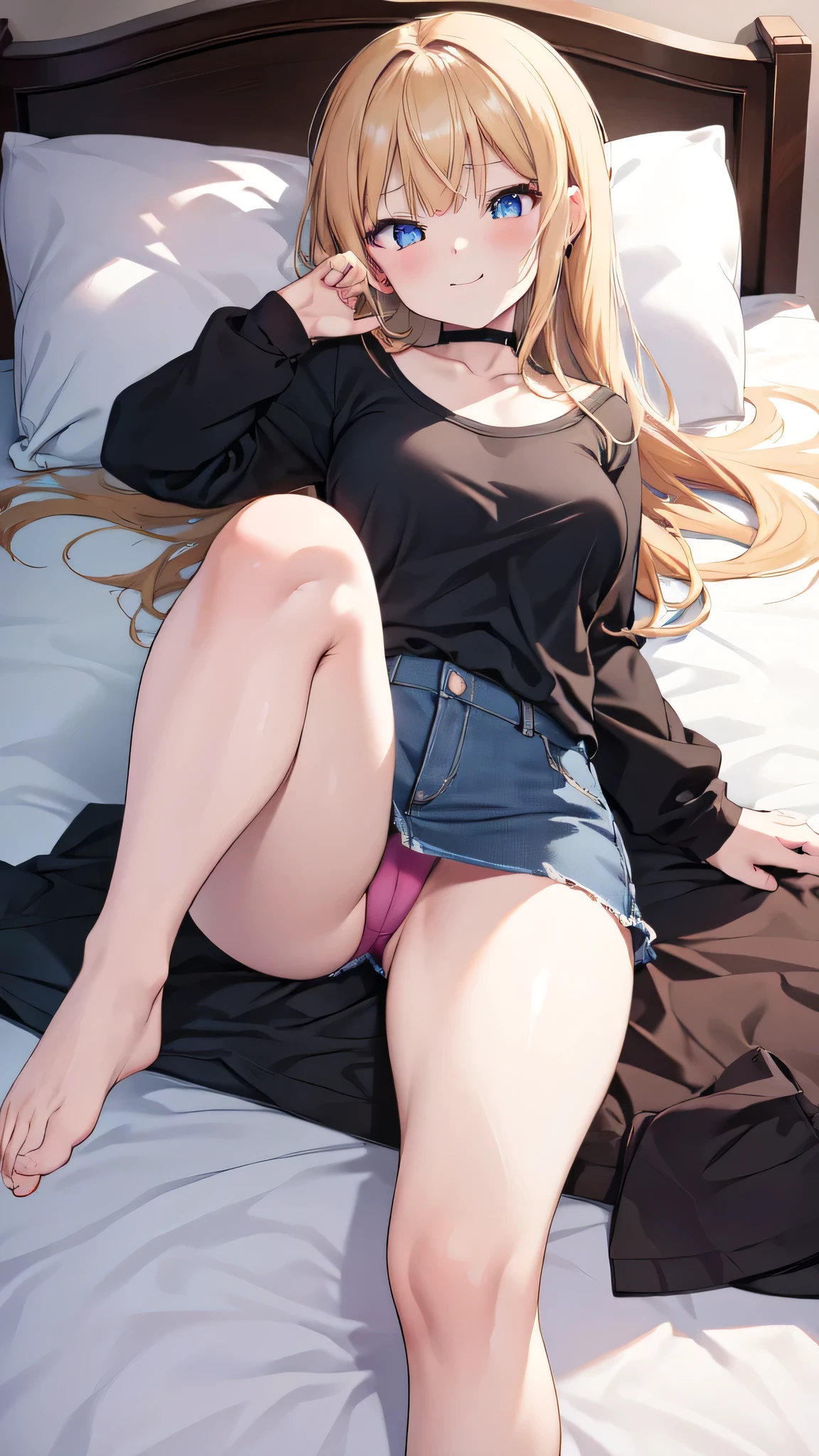 Very detailed、(8k, RAW Photos, highest quality, masterpiece:1.2), (Very detailed 8k wallpaper),figure、Professional Lighting,Sharp focus, Depth of written boundary、、Clear Eyes、Perfect Anatomy、With a girl、、、,、(Plump thighs:1.2)、、、pov 、T-Shirts、White panties、Denim mini skirt、、Lying in bed、(Leg spread:1.5)