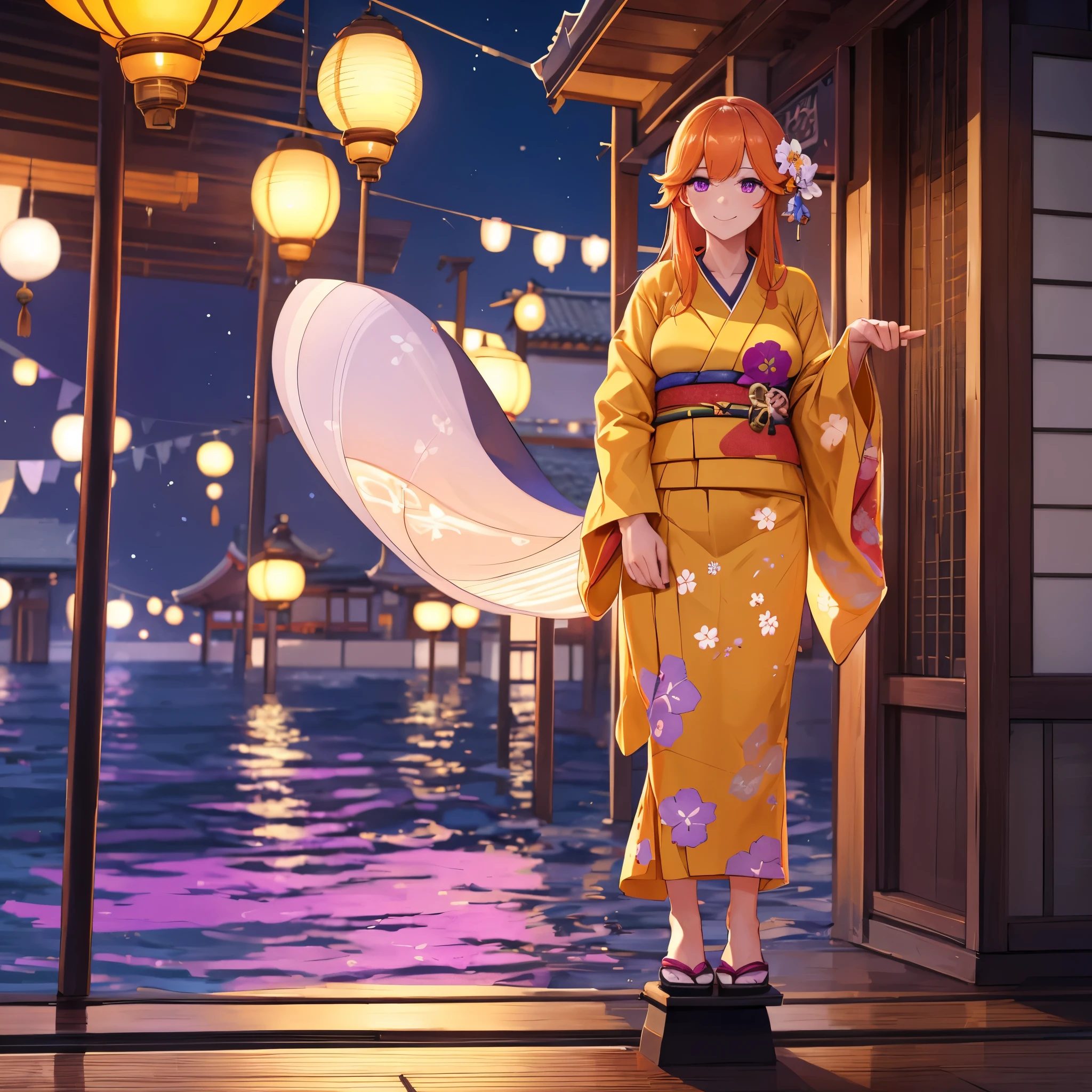 A woman wearing a yellow yukata with purple flower designs, standing on a traditional Japanese roof overlooking the sea at night, a place lit with traditional Japanese lights, long orange hair, purple eyes, smiling, full body.,, very detailed, masterpiece, ultra defined, ultra resolution. (solo woman)