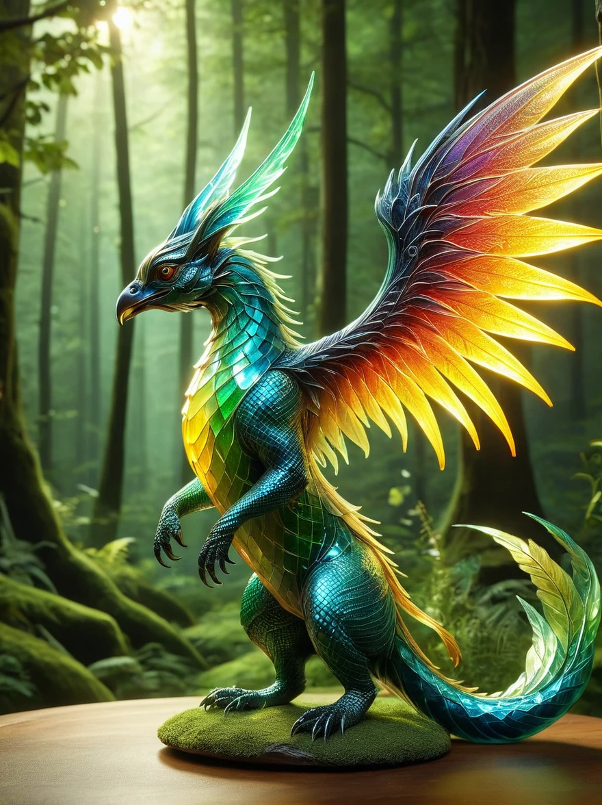 A creative depiction of a whimsical creature inspired by creatures from popular card-based games. The creature is entirely made up of glass, illuminating in the sunlight with a variety of colors reflecting off its surface. Its body resembles those of chimerical beasts, with elements of various animals combined. It has the wings of a bird, legs of a mammal, and a long tail which can possibly be seen as reptilian. As it glows, the glass creature stands majestically against a backdrop of a lush green forest, the shining beacon amidst nature's splendor.