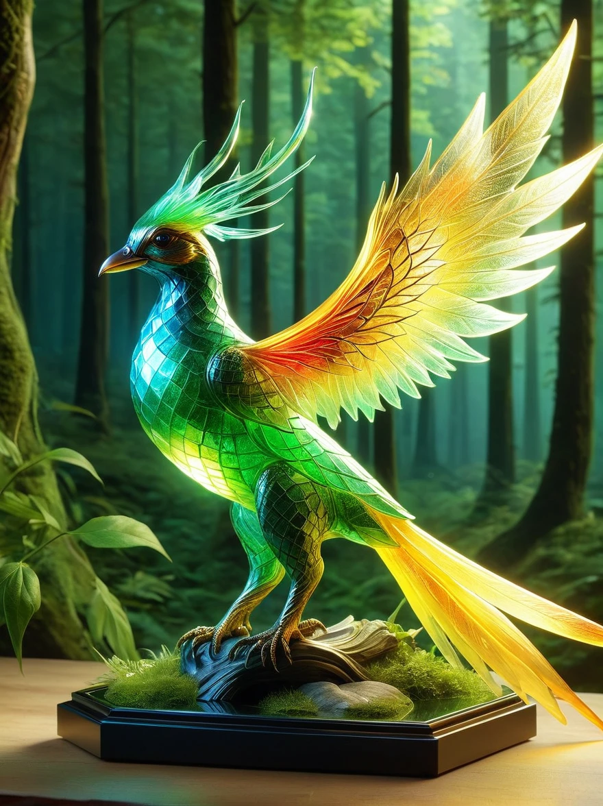 A creative depiction of a whimsical creature inspired by creatures from popular card-based games. The creature is entirely made up of glass, illuminating in the sunlight with a variety of colors reflecting off its surface. Its body resembles those of chimerical beasts, with elements of various animals combined. It has the wings of a bird, legs of a mammal, and a long tail which can possibly be seen as reptilian. As it glows, the glass creature stands majestically against a backdrop of a lush green forest, the shining beacon amidst nature's splendor.