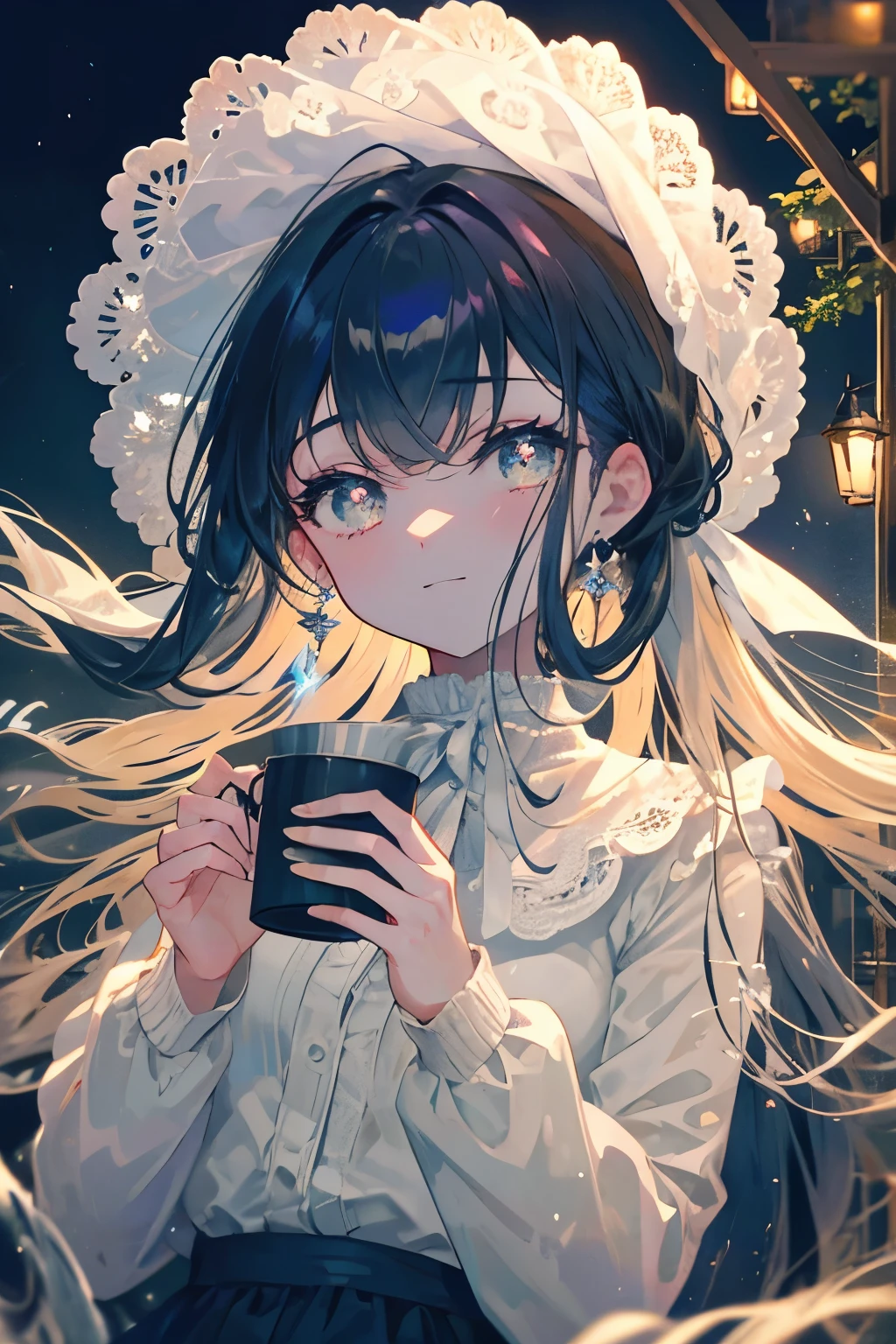 Create a high-quality illustration depicting a beautiful boy enjoying a cup of coffee at a lodge by the lake at night. The illustration should exude a nostalgic and dreamy atmosphere, with intricate details and meticulous attention to every element. From the serene beauty of the lake to the warmth of the lodge's interior, every aspect should be carefully crafted to transport the viewer into a nostalgic and enchanting scene. best quality, masterpiece, expressive eyes, gorgeous, vivid, perfect face, smile, happyness, 2eyes, emotion, detailed pupils, vivid pupils,stunning, life, relfection, peace, warm, compsition, artistic, 4k, wallpaper, bonnet, wind, glowing eyes