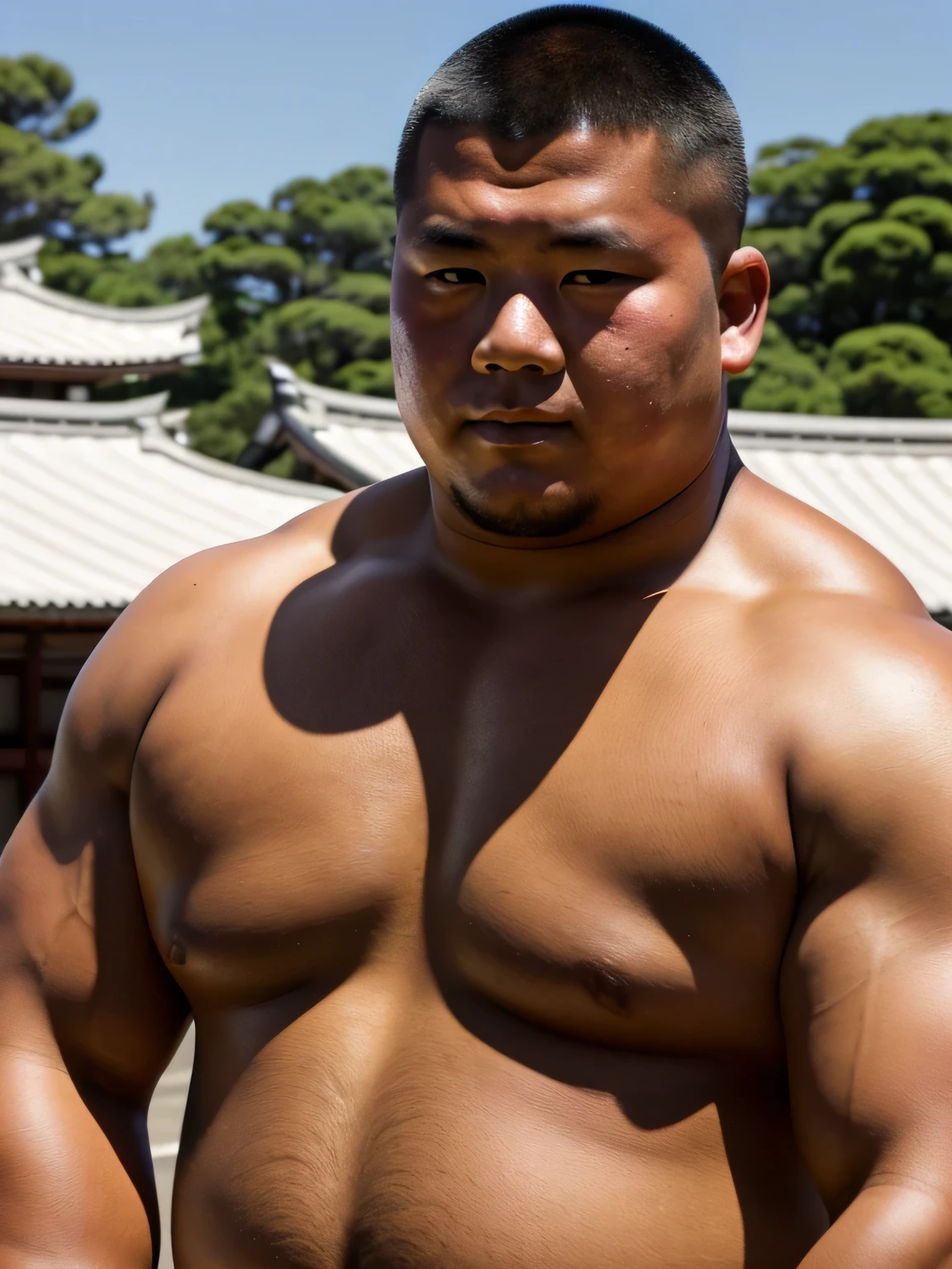 A young monk from ancient Japan, who looks like a fat bodybuilder like a sumo wrestler、He was standing there with a sunburned face and a haggard look on his face.
