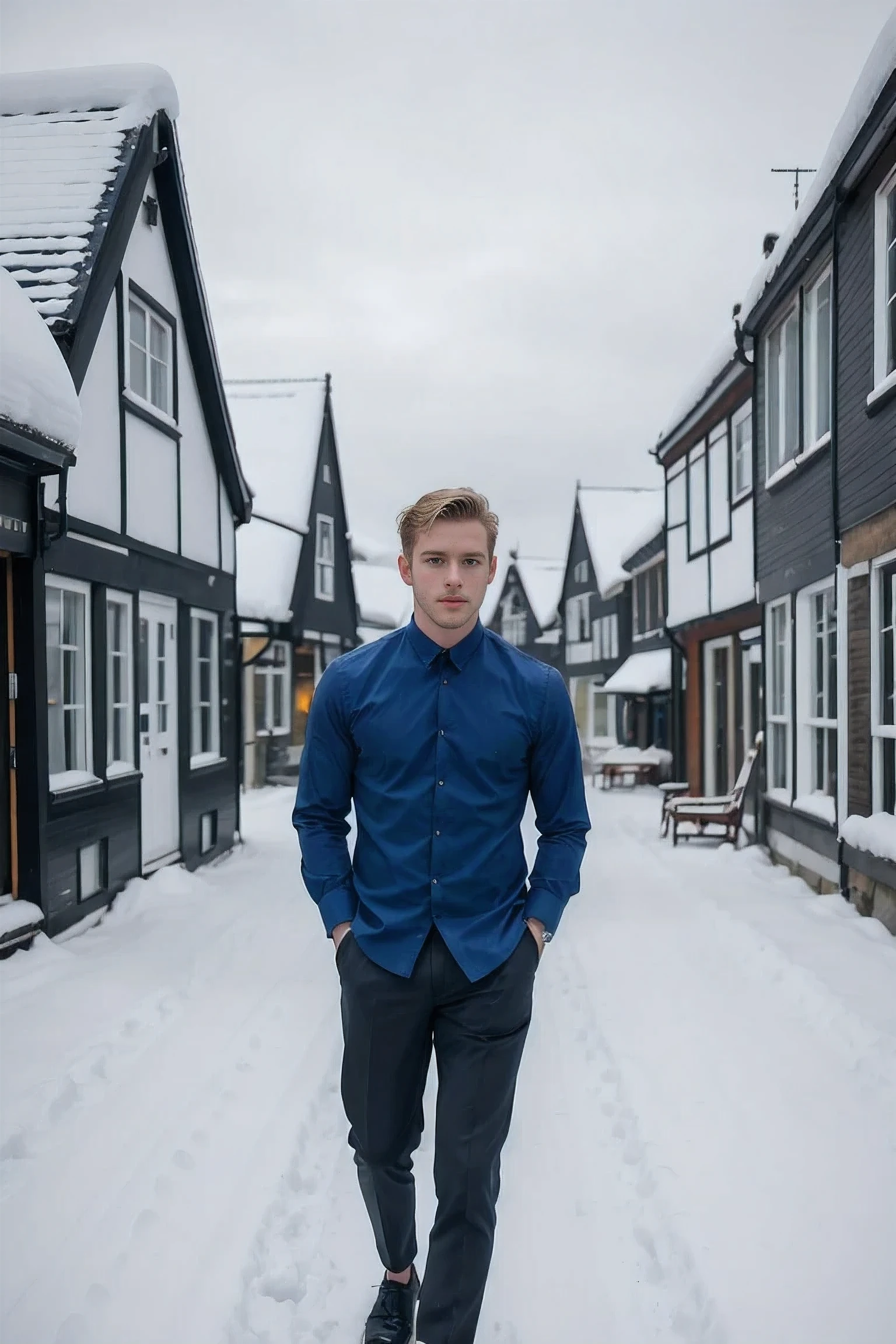 handsome men,empty Blue Shirt, ,dutch angle ,snow ,village
