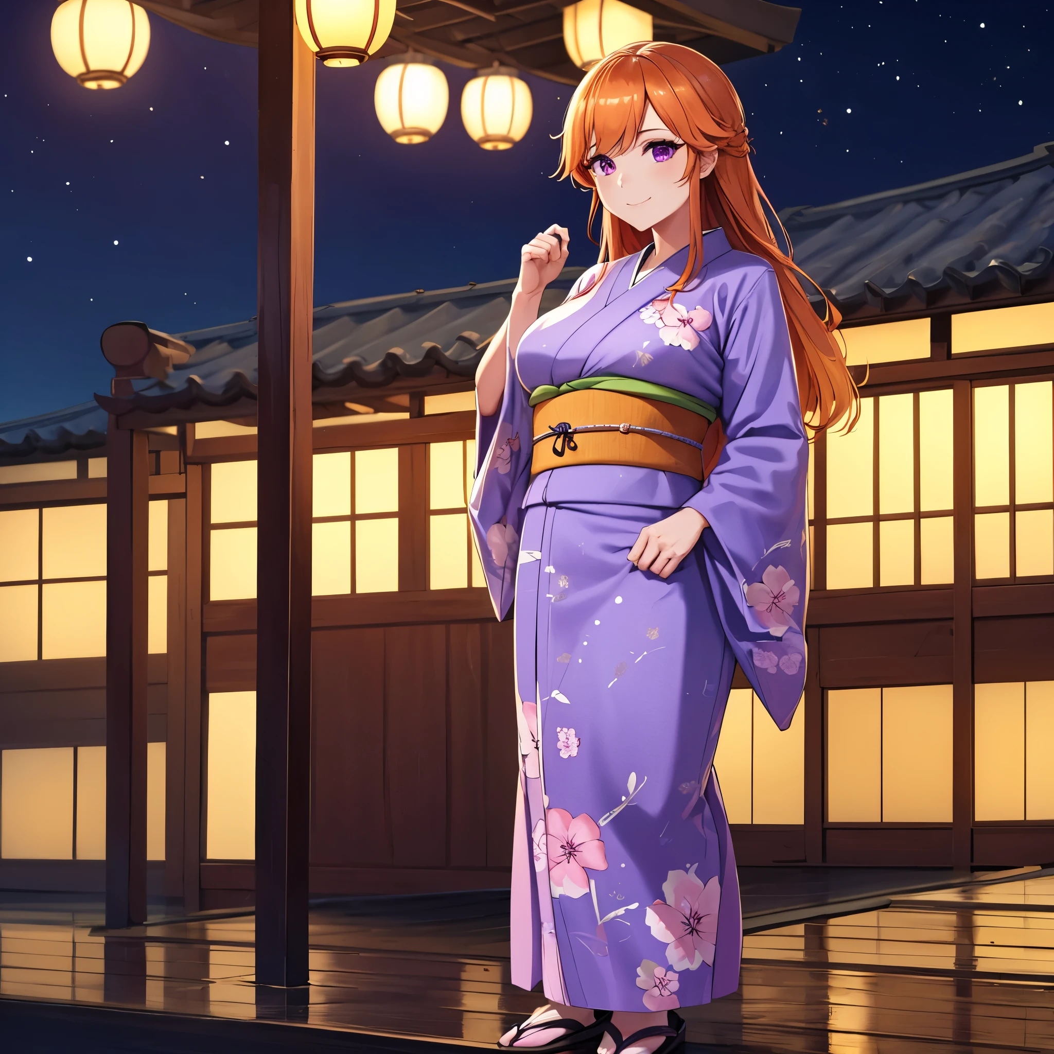 A woman wearing a yellow yukata with purple flower designs, standing on a traditional Japanese roof overlooking the sea at night, a place lit with traditional Japanese lights, long orange hair, purple eyes, smiling, full body.,, very detailed, masterpiece, ultra defined, ultra resolution. (solo woman)