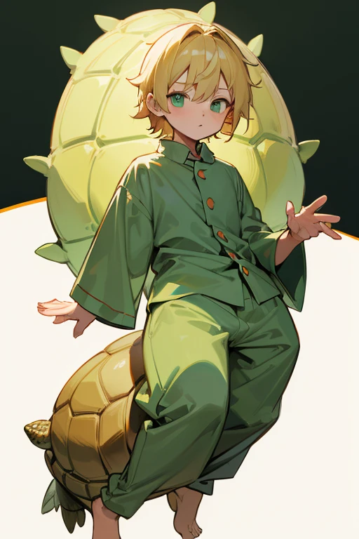 5 year old boy, little boy, blond hair, green eyes, tortoise pajama, full body, 