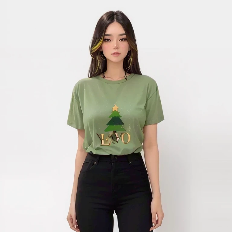 A woman wearing a green t-shirt with a Christmas tree and the word love., multicolored tarte de la camisa, estilo de dibujos animados minimalista, arte de la camisa, top elegante, camisa verde, cone, illustration&quot;, elegante, aceituna, graphic t-shirts, 🦩🪐🐞👩🏻🦳, vista media, with a tall tree, mangas cortas, ambiente festivo