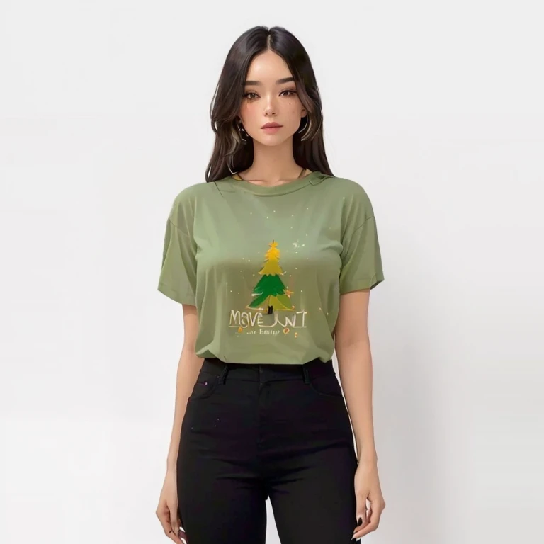 A woman wearing a green t-shirt with a Christmas tree and the word love., multicolored tarte de la camisa, estilo de dibujos animados minimalista, arte de la camisa, top elegante, camisa verde, cone, illustration&quot;, elegante, aceituna, graphic t-shirts, 🦩🪐🐞👩🏻🦳, vista media, with a tall tree, mangas cortas, ambiente festivo