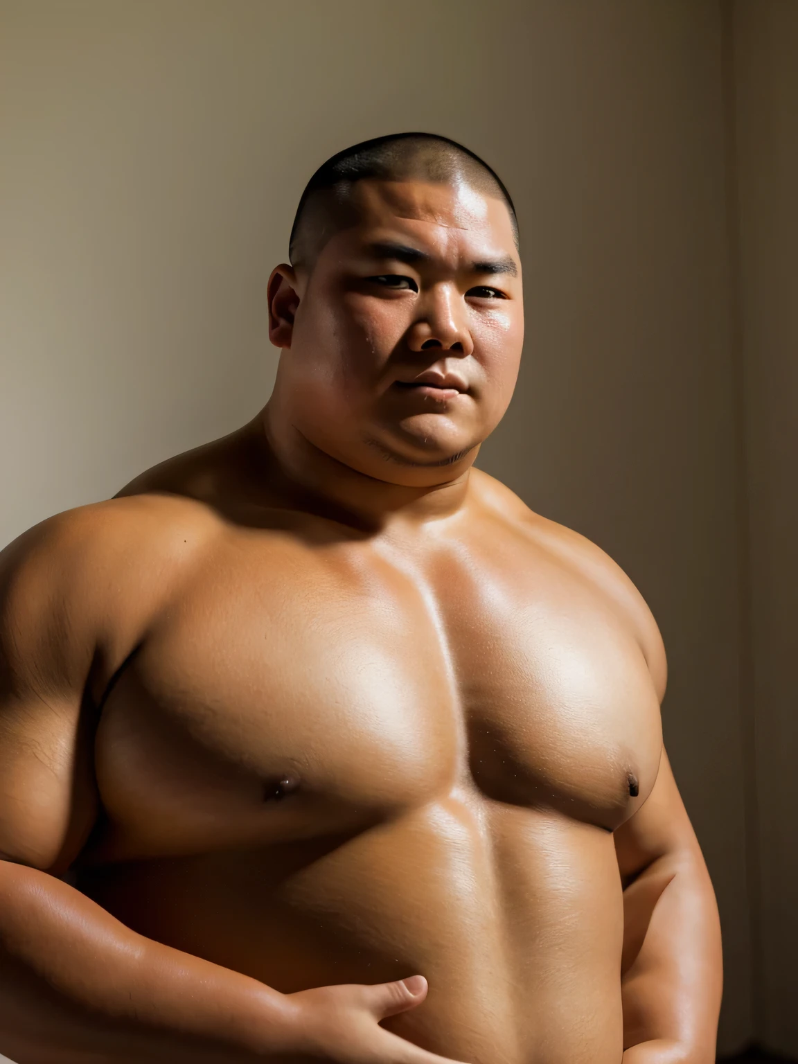 A young monk from ancient Japan, who looks like a fat bodybuilder like a sumo wrestler、He was standing there with a sunburned face and a haggard look on his face.
