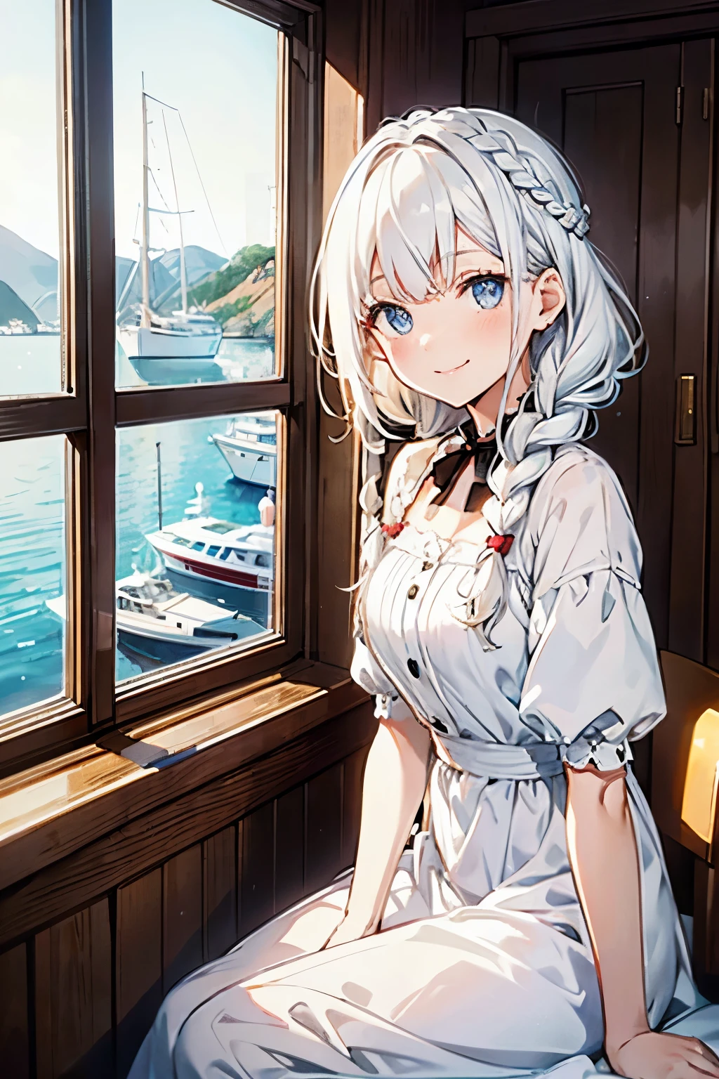white hair girl，Smiling，Quirky，Brown pupils，Wearing a plain white dress，French braid，Tall，Lively，To the camera Biye，sitting in yacht，Outside the window is the sea，Phoenix Eyes，enchanted，Lively cute