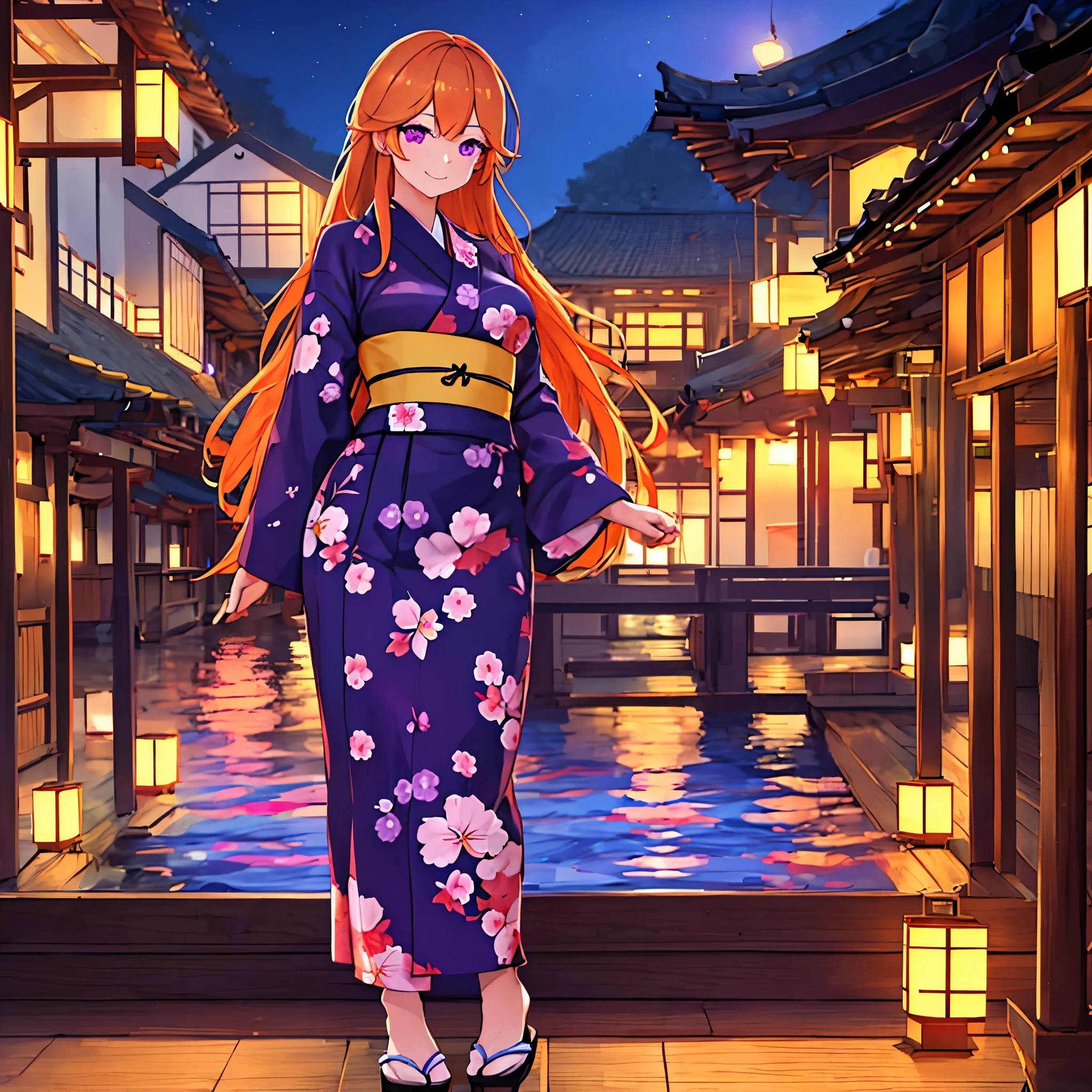 A woman wearing a yellow yukata with purple flower designs, standing on a traditional Japanese roof overlooking the sea at night, a place lit with traditional Japanese lights, long orange hair, purple eyes, smiling, full body.,, very detailed, masterpiece, ultra defined, ultra resolution. (solo woman)
