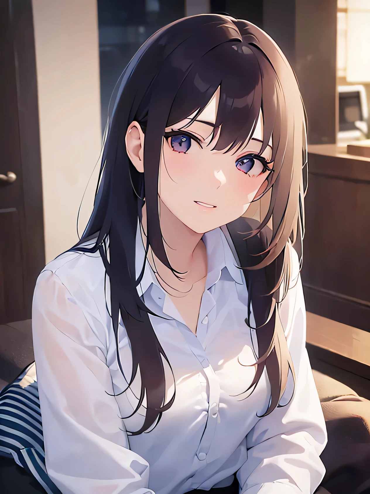 (White shirt:1.5)and(suit)、5 biologically correct fingers、Upper Body, Realistic, Real person, (Pale skin: 1.2), RAW Photos, Realistic, Portrait Photography, Shiny skin, Japanese Idols、Shiny Hair、(A 33-year-old woman with medium-length straight hair and bangs) and (light smile)and(head tilt:1.3) The background is a hotel room、Alone、Sitting