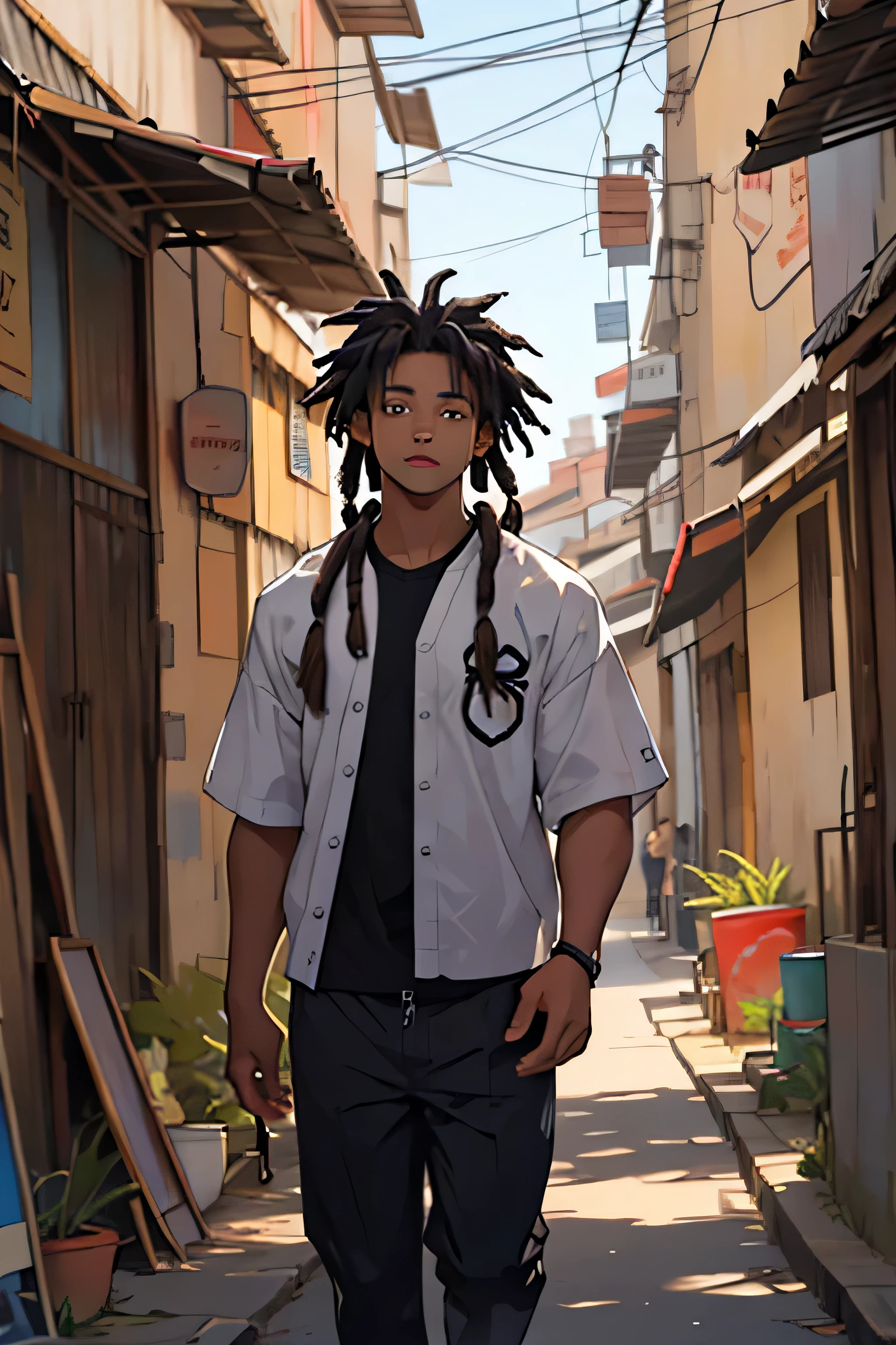 An African boy in normal white teenage clothes with small dreadlocks black skin walking in the African city meets a big black dragon standing,  garoto com rosto perfeito olhos castanhos, rosto perfeito,  ((melhor qualidade)), ((obra de arte))