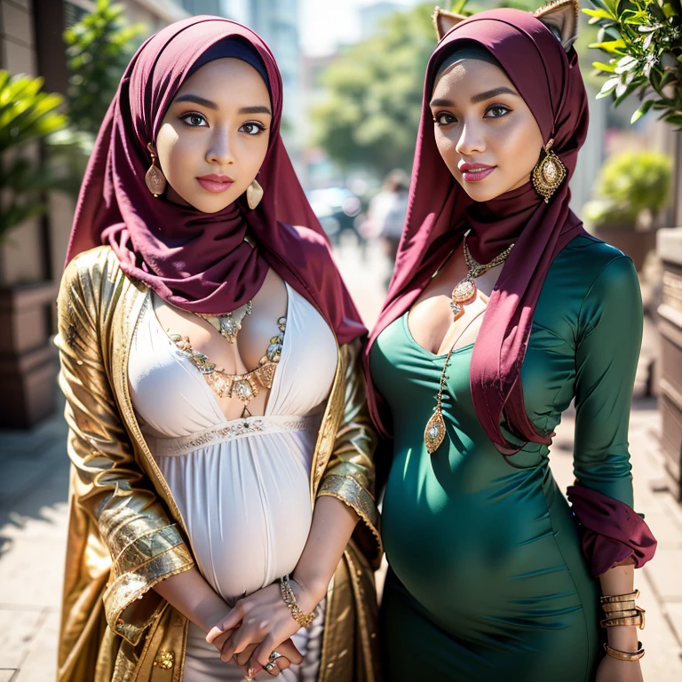 Malaysian girl pregnant 9  ,malay, The whole body consists of a young girl with hijab, Eye makeup, 55 year old model, Cat ears, Soft lighting, Solo, Wear shabby clothes, Dirty, Tattered futuristic military uniform, Cat's paw badge, Pose, spot color, rendering by octane, Ultra-realistic intricate details, Cinematic, 8K resolution, 70mm, emphasis lightings, (((2 girls:1.5, girls standing))) Setting background: Basquiat graffiti wall background,Graffiti artist, urban walls, spray paint cans, bold colors, rebellious strokes, street gallery, artistic , night shadows, public expression, aerosol mastery, layered stencils, cultural messages, graffiti tags, creative risks, vibrant visuals, underground recognition, impactful designs, urban transformation. Art by Mschiffer, (((Woman with hijab style, hijab with sexy dress)), (lace stockings), (((Wearing: diamond necklace and earrings))). RAW photo, full sharp, detailed face (high detailed skin:1.2), 8k uhd, dslr, soft lighting, high quality, film grain, Fujifilm XT3, (extremely beautiful face, sexy lips, beautiful red lips, Clear eyes, beautiful eyes), (big green eyes), pretty girl, face forward, intricate detail face, ((ultra detailed skin)) (skin texture, film grain), Detailed beautiful face, natural tpose, natural facial expression, (((Straight breasts))), Surreal full-body figure, Beautiful and delicate body and face, gorgeous figure, ssmile, Titillating，Surreal full-body figure，Beautiful and detailed body and face, Super vista, White skin of the, vivd colour,🔥8k, masterpiece, RAW photo, best quality, (18k detail:1.2), photorealistic, extremely, deep shadow, earrings, bracelets, necklace,