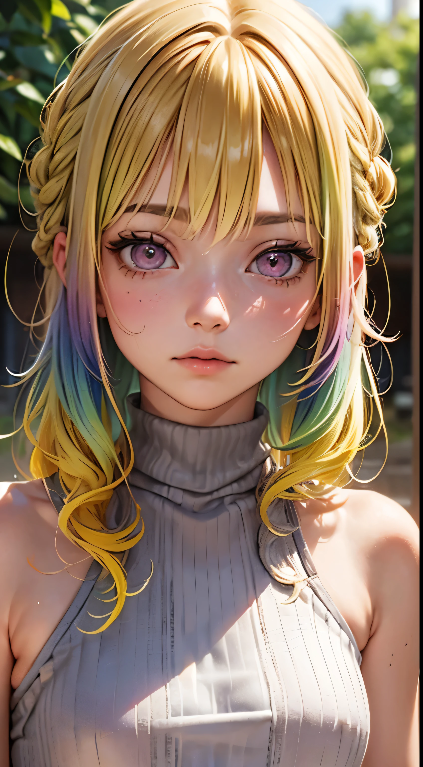 One woman, alone, alone Focus, Cowboy Shot, Portraiture,, Beaver,Half water color, Half Green, ((Brown Hair)), (Yellow Hair), (Gradient Hair :1.5), Curly Hair, ((Pink Eyes)), Ultra-detailed eyes, work, white knit, (Small TI quality, Very detailed,