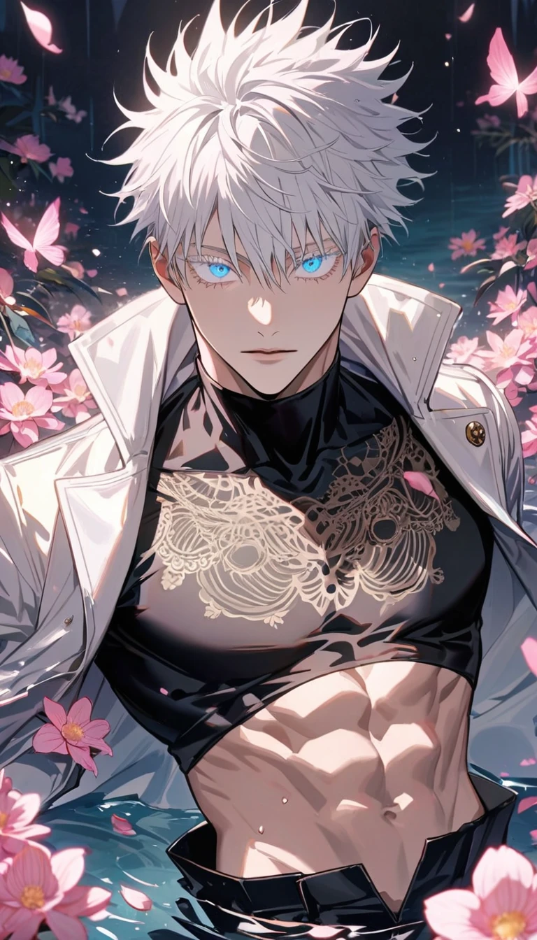 Ultra detailed, Highres, absurdres, Gojou Satoru, white hair with bangs, blue eyes, white eyelashes, white long coat with patterns, Jujutsu Kaisen, pink flowers, petals, extremely handsome, sexy man, toned chest, solo, very detailed eyes and face, black gloves, water, black pants, pink butterflies, black tight t-shirt,