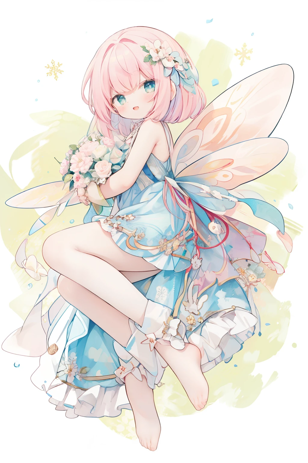 (PastelColors:1.3)、(Cute illustration:1.3)、(watercolor paiting:1.1)、(Wearing large transparent fairy wings with polka dots。。。。。。:1.3)
Detailed background、Smile with open mouth、Beautifully detailed、Moya、colourfull、marble、Particles of light、patterns、looking left、Shirayuki Noel、Snowflake、
Detailed drawing、Vibrant colors、striking contrast、intricate detailes、Delicate depiction、Luminescent、full body Esbian、From the side、Beautiful facial features、Brightly colored eyes、Wearing intricate and delicate ornaments、glowing aura、Radiant hair,Illuminated by the morning light、Summer wreaths、Pale yellow-green background、Fairy with a bouquet of flowers、Fancy Fairy、A pink-haired、Bun head、jumpping、levitation、Thick wool gown:0.3