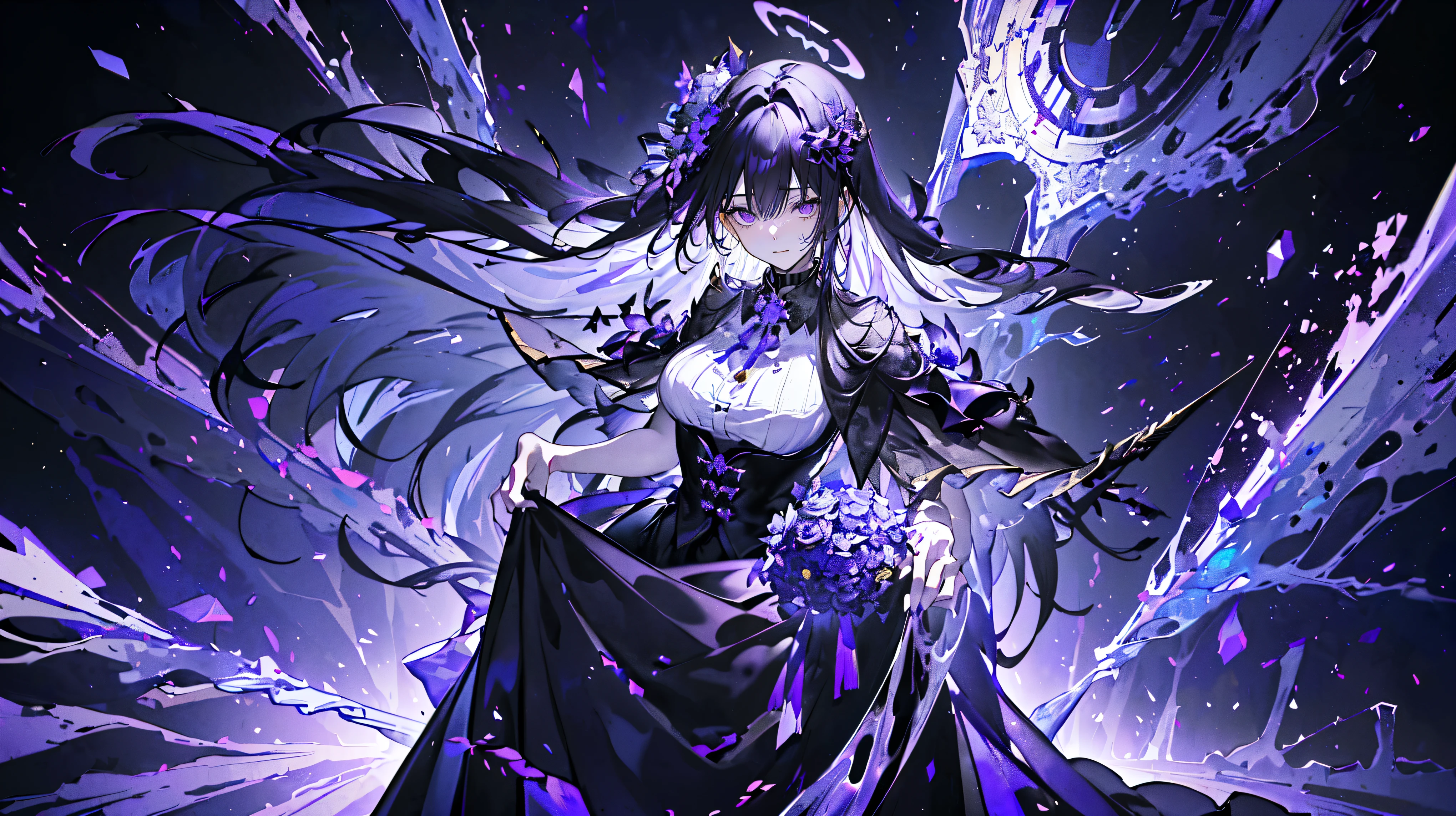 (Super detailed)),((illustration)),((masterpiece)),(((need))),((Beautifully、Highest quality CG Unity 8K wallpaper masterpiece),((4k,masterpiece,best quality)),Woman with purple black hair,Mature,Playful eyes,Black and gold ruffled long tulle skirt,Dress appropriately,Wrapped in bandages,Lilac veil,Black and gold embellishment,Dim light,Hold the Pharaoh's scepter,Coercion,A huge pyramid emitting a dim purple light,Halo,Big Breasts,Holding a three-dimensional triangle in hand,Abstract symbol floating in the air,Black Hole Black Silk,Black high heels,in the museum,There are many items with unique shapes,Standing in a huge coffin,There are a lot of coffins around,mummy,Holding a bunch of purple flowers in hands,A sea of purple flowers,Black and gold stripes,Melting statue,Full body close-up perspective