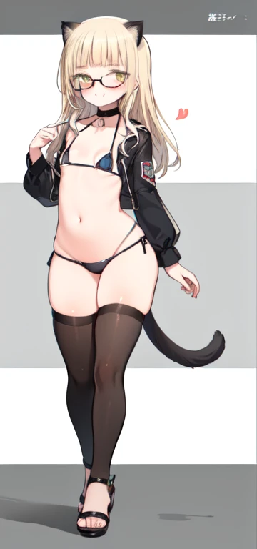 (8K, Best Quality, Ultra Detailliert, Highres, Absurdres, Perfect Anatomy:1.5, Masterpiece:1.5), (((Solo, 1 Cute Girl))), (((perrine h. clostermann, perrine clostermann))), (((Yellow Eyes))), (((Black Glasses:1.2))), (((Long Long Hair:1.3, Bangs, Blust Bangs, Blonde Hair))), (((Black Cat Ears, Black Cat Tail))), (Slender Body, Dwarf:0.8), (((Small Breasts:1.3 or Small Breasts:1.5))), ((Big Hips:1.1)), (Smile:0.8), (Evil Smile:0.4), (Blush:0.8), (((Bikini))), (Choker, Neck Ribbon), ((Knee-Highs)), ((Sandals)), (Full Body), (Heart, 