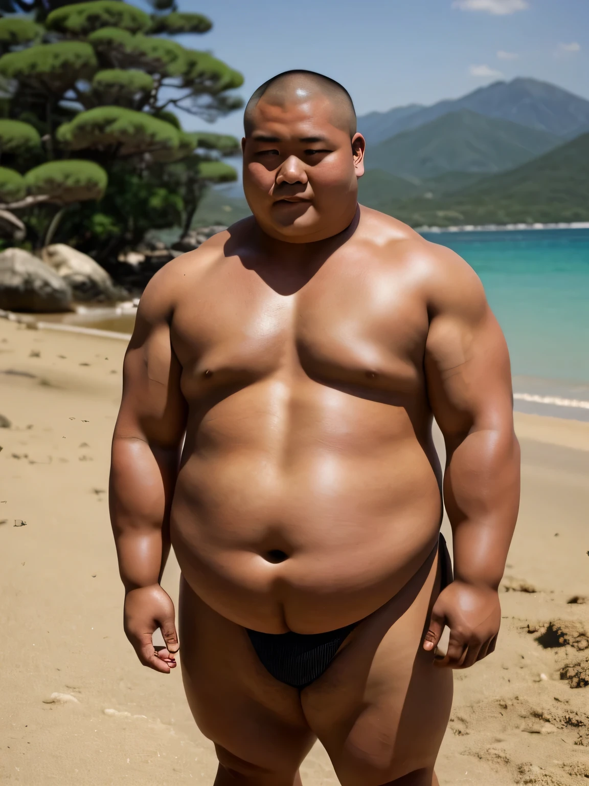 A young monk from ancient Japan, who looks like a fat bodybuilder like a sumo wrestler、He was standing there with a sunburned face and a haggard look on his face.