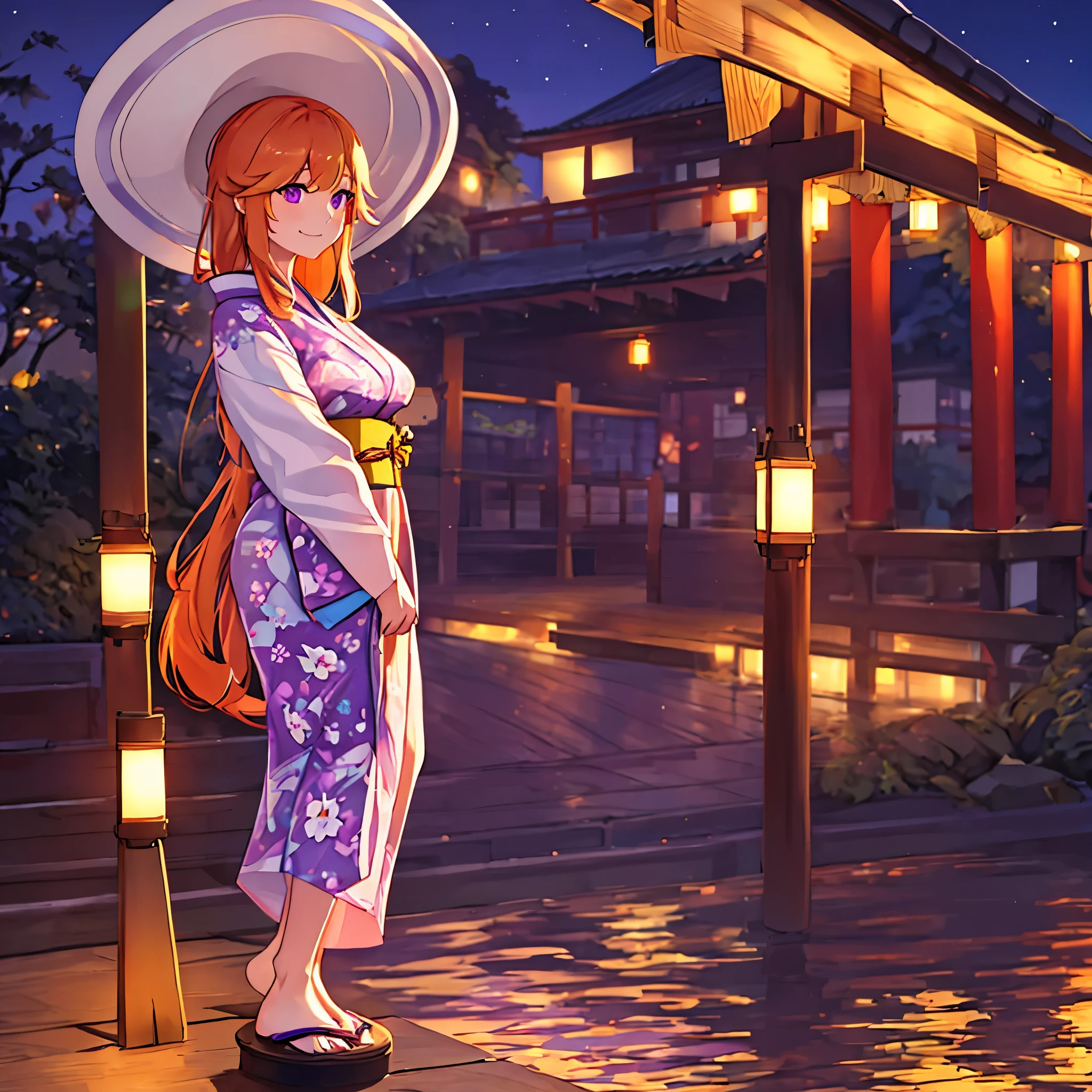 A woman wearing a yellow yukata with purple flower designs, standing on a traditional Japanese roof overlooking the sea at night, a place lit with traditional Japanese lights, long orange hair, purple eyes, smiling, full body.,, very detailed, masterpiece, ultra defined, ultra resolution. (solo woman)
