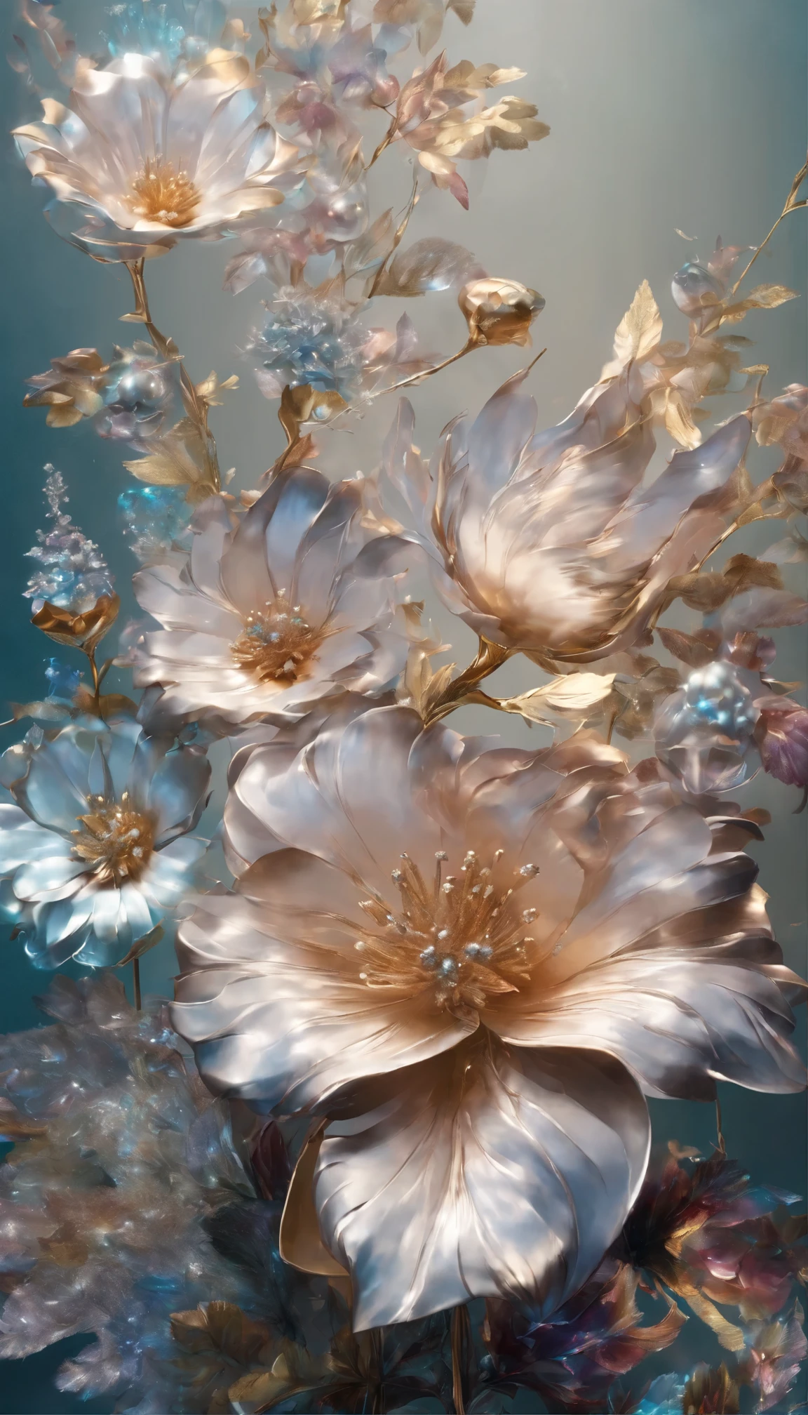 All expressed with colorfull jewels, the arrival of spring, various beautiful flowers, angles looking up from below, various jewels falling from the sky, wonderful and beautiful superb view, slightly hazy, fantastic, high resolution, 8K, (best quality, highres, realistic:1.37), shiny metallic flowers, intricate and delicate petals, reflective surfaces, vibrant colors, intricate details, close-up view, surreal garden, surreal beauty, dreamy atmosphere, fine art, abstract botanicals, metallic sculpture, contrasting textures, ethereal glow