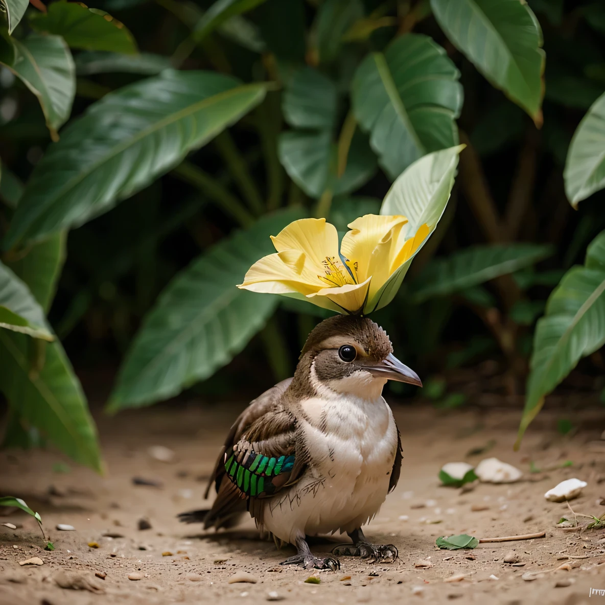 Criar uma imagem fororrealista de um colibri pousado em um galho de uma flor, fundo desfocado de um jardim. Imagem 4k