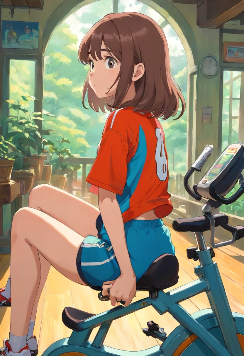 a girl sitting on gym cycle saddle, (short soccer shorts), ass, looking back,
