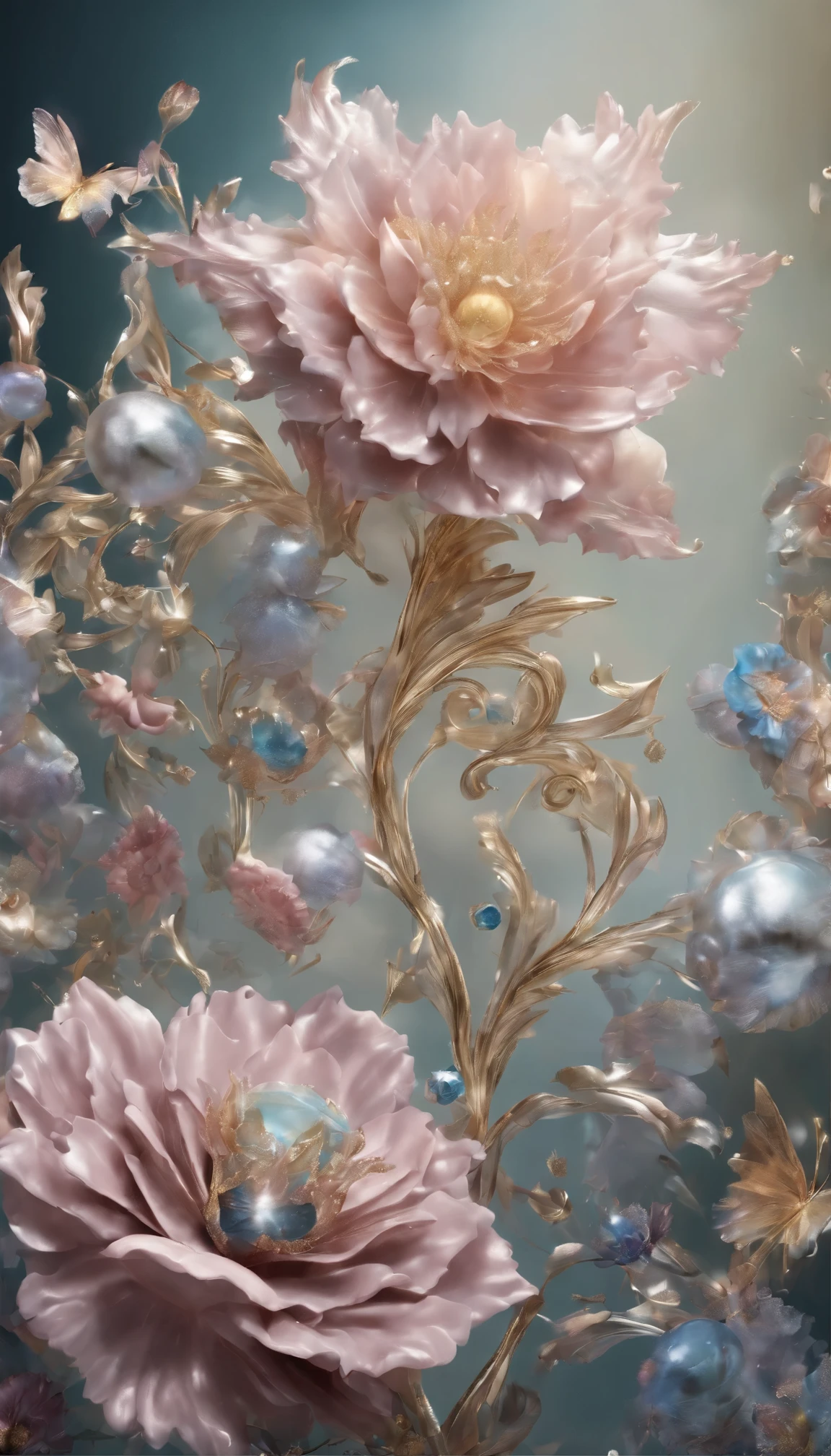 All expressed with jewels, the arrival of spring, various beautiful flowers, angles looking up from below, various jewels falling from the sky, wonderful and beautiful superb view, slightly hazy, fantastic, high resolution, 8K, (best quality, highres, realistic:1.37), shiny metallic flowers, intricate and delicate petals, reflective surfaces, vibrant colors, intricate details, close-up view, surreal garden, surreal beauty, dreamy atmosphere, fine art, abstract botanicals, metallic sculpture, contrasting textures, ethereal glow