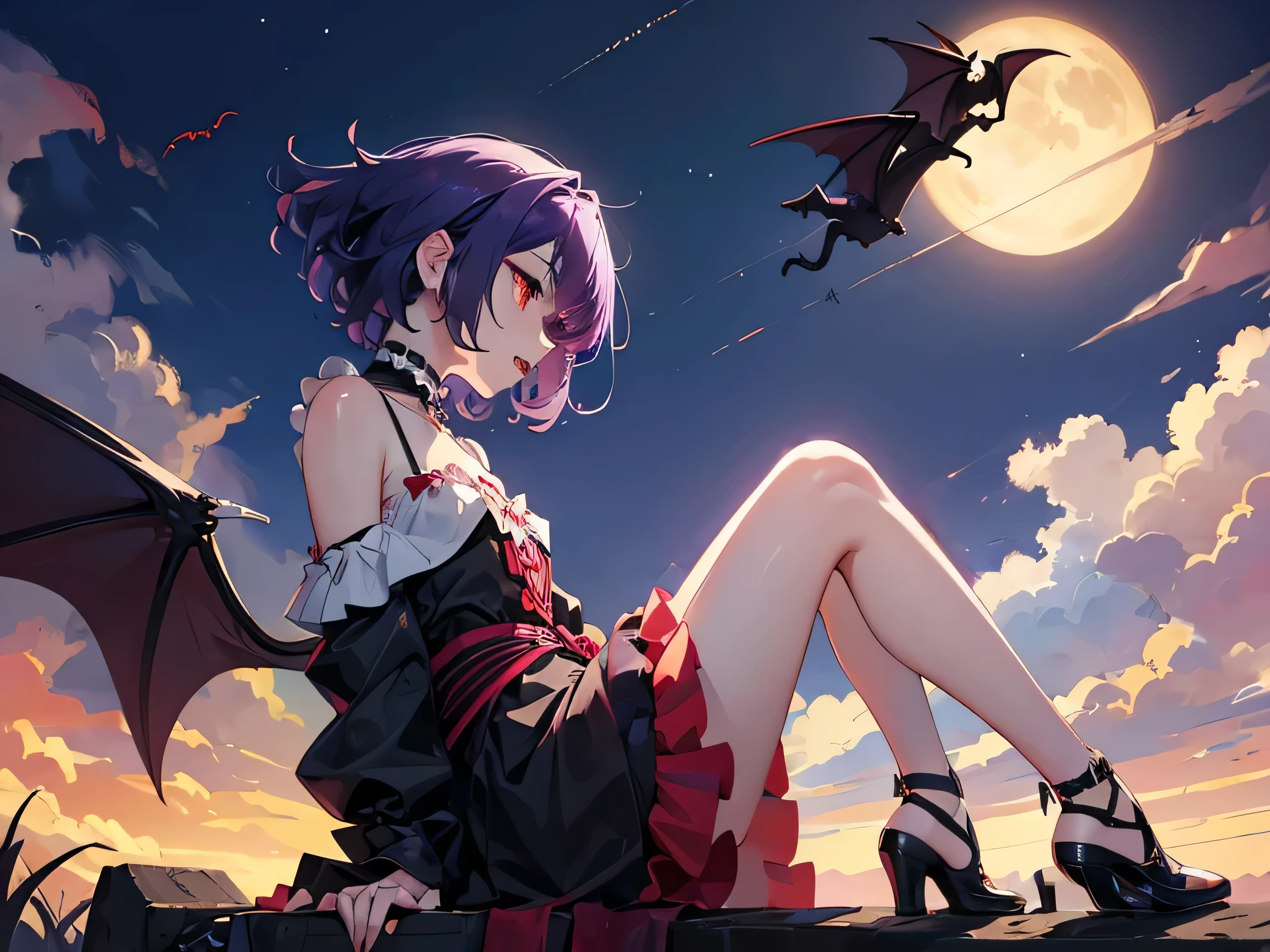 Cute girl seen from the side, Dracula, vampire, cross choker, short hair,midnight,air,flying, small bat wings from the waist, fangs, red eyes, high quality, high quality, crouching,charm, purple hair,hold knees,looking at the camera