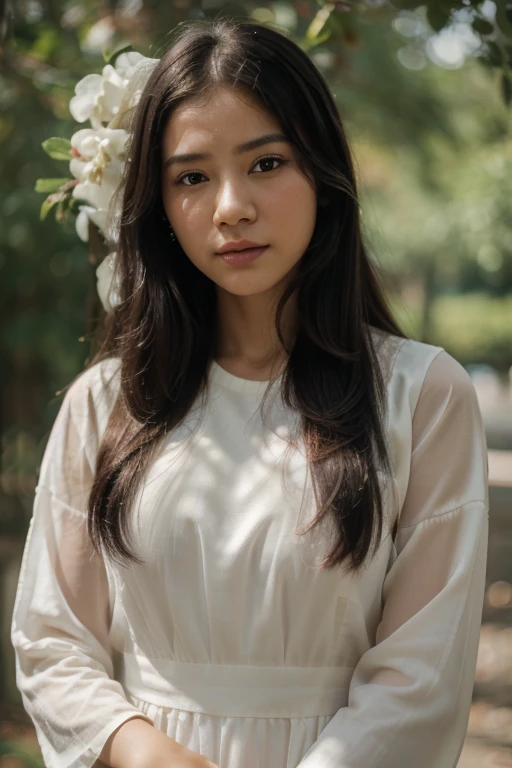 (Masterpiece, best quality, ultra realistic,32k, RAW photo, detail skin, 8k uhd, dslr, high quality, film grain:1.5),Vietnamese girl, 18 years old, beatiful, white ao dai, pants,  long hair, looking at viewer, smile, black hair, long sleeves, dress, jewelry, standing, flower, earrings, outdoors, white dress, blurry, black eyes, blurry background, realistic, 16mm film live soft color.