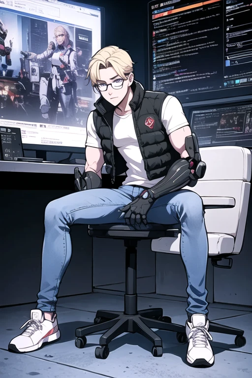 MetallAi, ((best quality)),((Masterpiece)),(detailed), perfect face, ((male,)) ((blonde hair,)) ((blue eyes,))
((jeans)) ((blue tactical suit,)) cyber corporation, ((cyberpunk,)) ((glasses,)) ((drons))  ((handsome))
((robot hands)) ((computers,)) ((hacker,)) ((Coldfront Down Vest,)) technology, android, ((white t-shirt,))
future, men, cyborg arms, full body, white black sneakers, technological inventions, 
robot gloves, silver robotic arms,