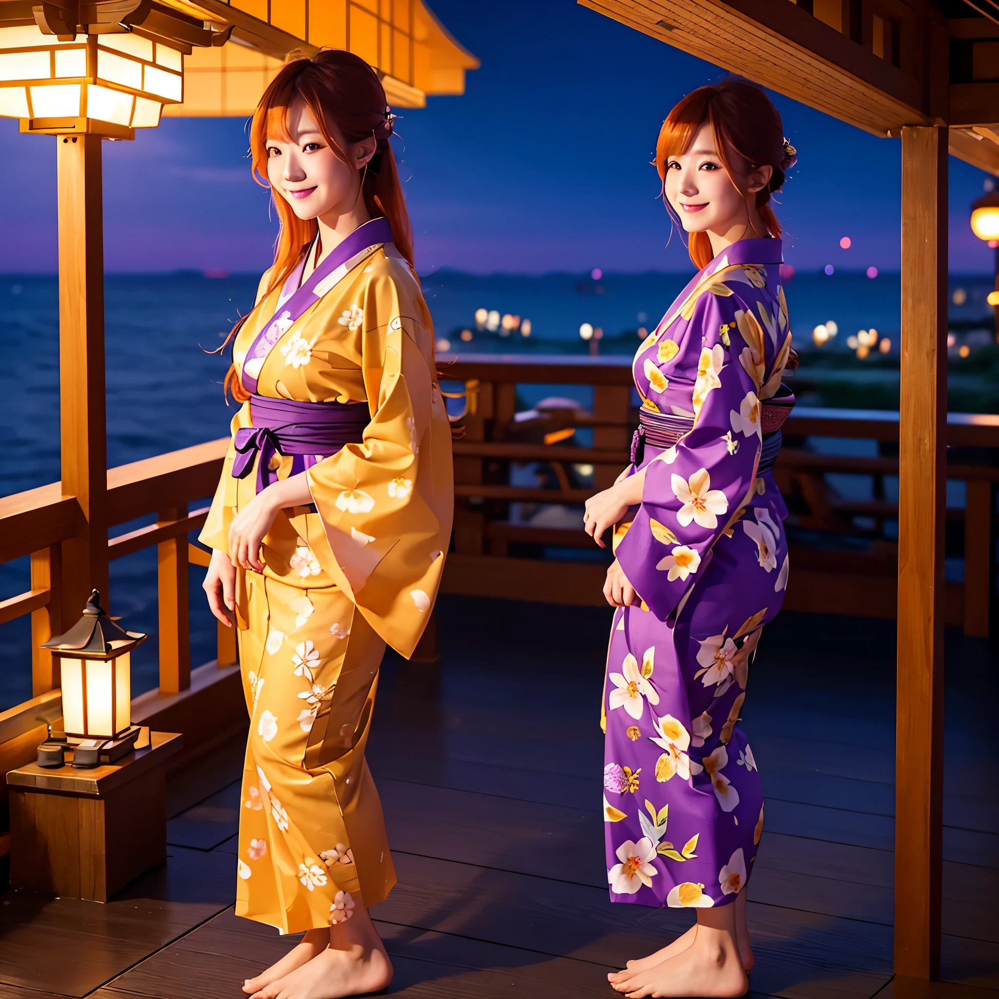 A woman wearing a yellow yukata with purple flower designs, standing on a traditional Japanese roof overlooking the sea at night, a place lit with traditional Japanese lights, long orange hair, purple eyes, smiling, full body.,, very detailed, masterpiece, ultra defined, ultra resolution. (solo woman)
