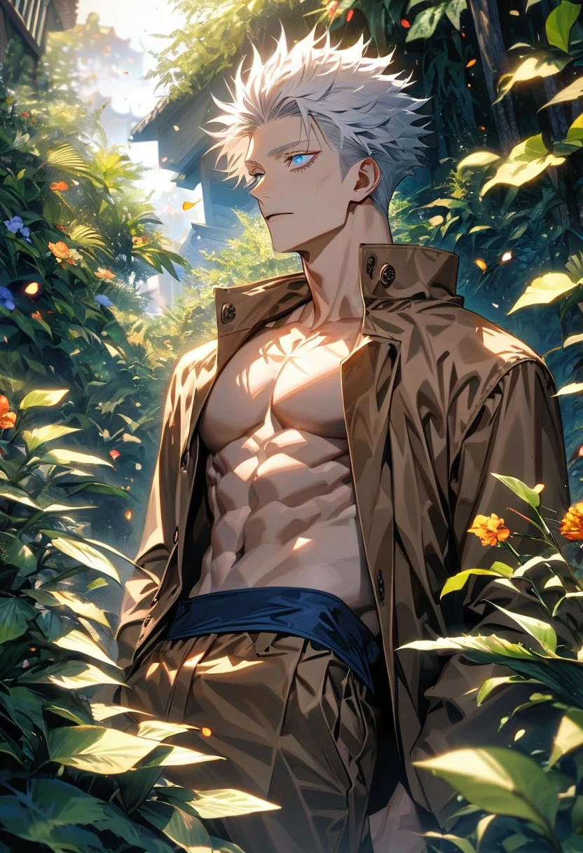 Ultra detailed, Highres, absurdres, HDR, Gojo Satoru, white hair with bangs, expressive blue eyes, white eyelashes, Jujutsu Kaisen, green leaves, summer, flowers and petals, handsome, sexy man, toned chest, solo, brown coat, very detailed face and eyes,