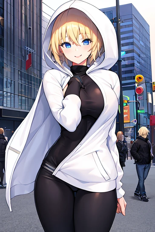 1girl, blonde hair, blue eyes, very short hair, hood up, jacket, white jacket, hooded jacket, black pants, black shirt, ((black shirt)), shirt, smile, tall, tall female, large breasts, toned, toned female, street, city, thick thighs, open jacket, breasts