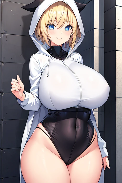 1girl, blonde hair, blue eyes, very short hair, hood up, jacket, white jacket, hooded jacket, black pants, black shirt, ((black shirt)), shirt, smile, tall, tall female, large breasts, toned, toned female, street, city, thick thighs, open jacket, breasts