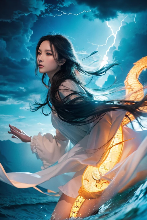 Underworld,Five elements,Chinese Dragon,Strong claws,Flowing Hair,Very realistic,lightning,cloud,Chinese style,masterpiece,2.5D,peace of mind,Graceful features,Perfect Face,Natural light,Ultra-high resolution,Higher quality,