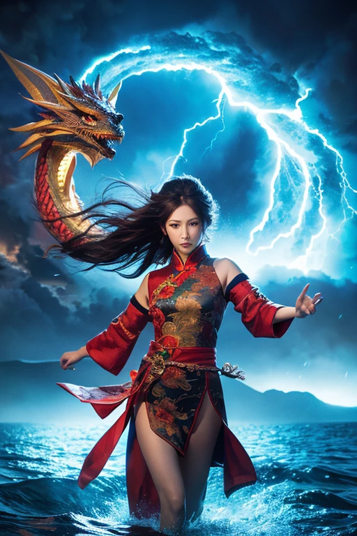 Underworld,Five elements,Chinese Dragon,Strong claws,Flowing Hair,Very realistic,lightning,cloud,Chinese style,masterpiece,2.5D,peace of mind,Graceful features,Perfect Face,Natural light,Ultra-high resolution,Higher quality,